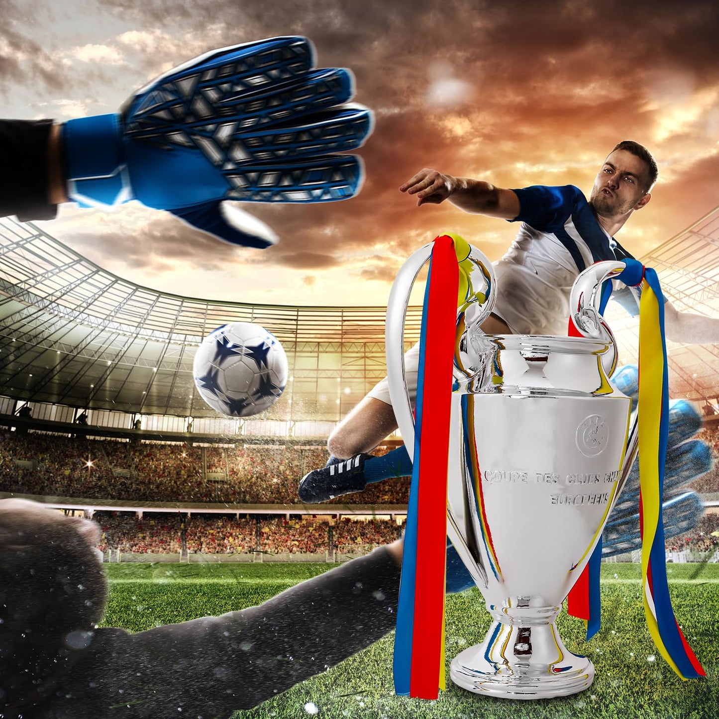 Emaraxy Champions Trophy, 6.3 Inch Sports League Cup, Soccer Trophy with Resin Replica for Electroplating Process, Soccer Sports League Cup with Ribbon for Room Decorations and Fan Gift