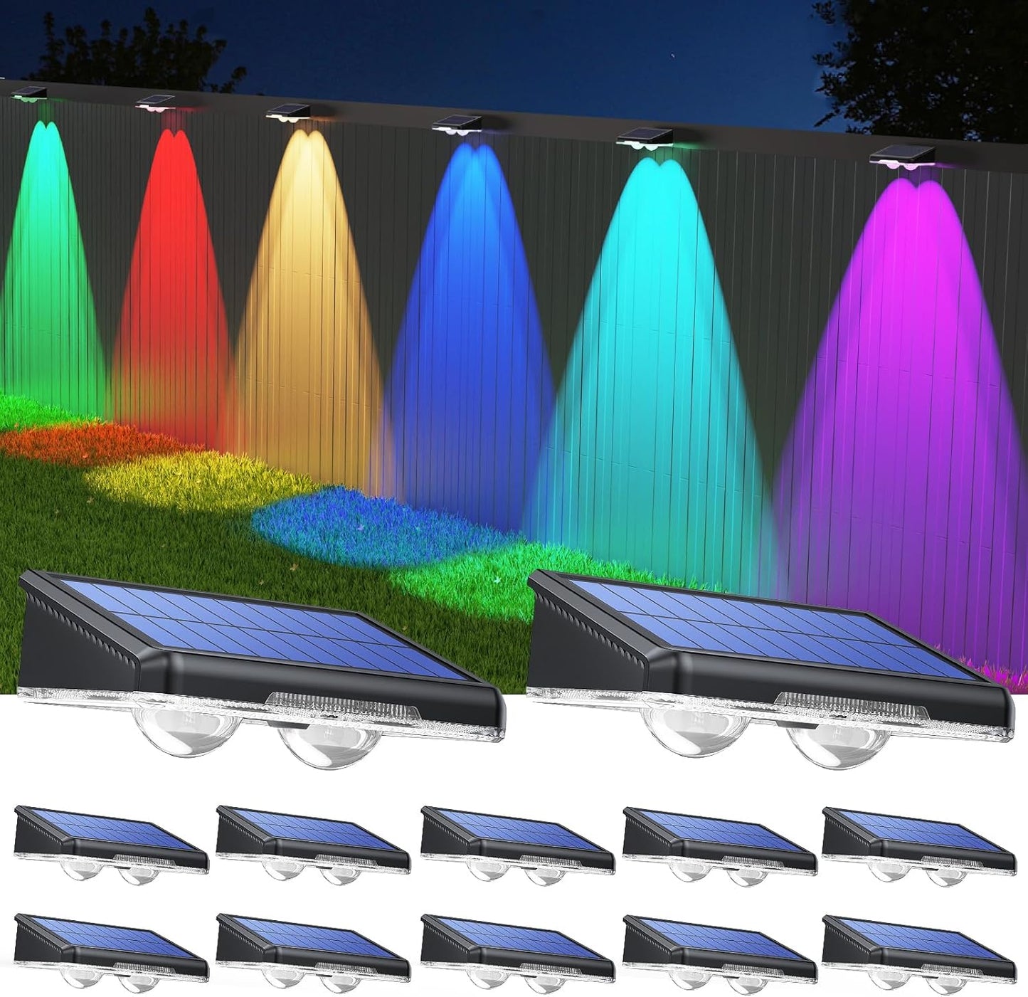 TECKNET Solar Fence Lights - 12 Pack LED Outdoor Lighting, IP66 Waterproof, Warm White & RGB Colors for Deck, Patio, Pool, and Backyard