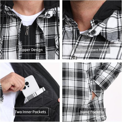 CHEXPEL Flannel Jacket for Men - Hooded, Quilt-Lined, Long Sleeve Plaid Winter Coat