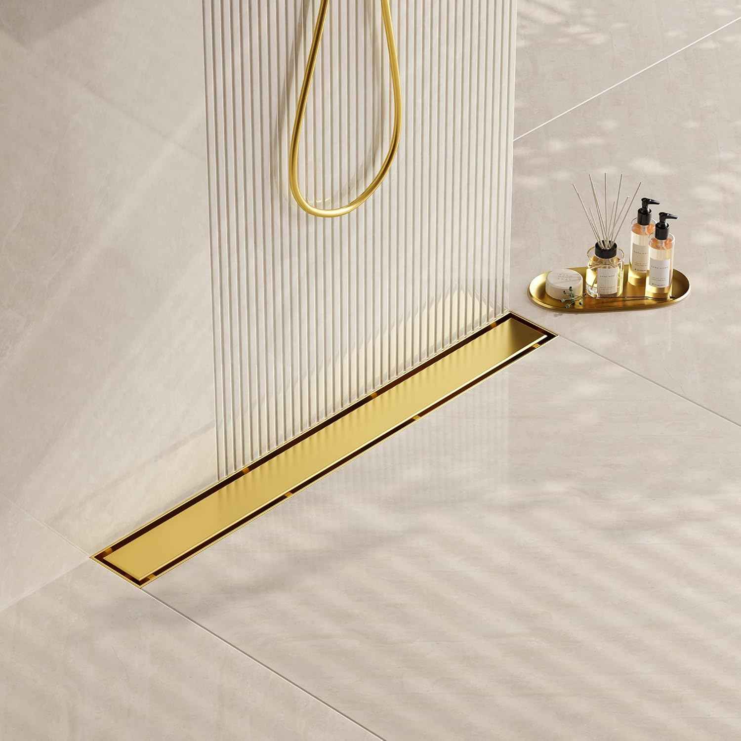 Neodrain 18-Inch Gold Linear Shower Drain - Brushed Brass, Tile Insert Cover & Hair Strainer