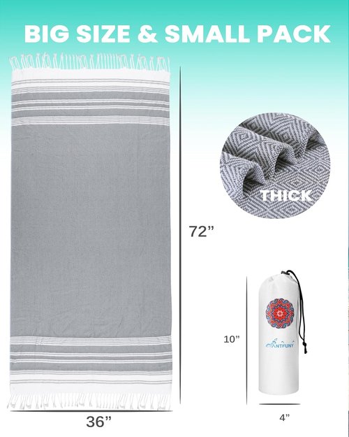 Antfuny Turkish Beach Towel - Quick Dry, Sand-Free, Oversized XL for Pool & Travel - Gray