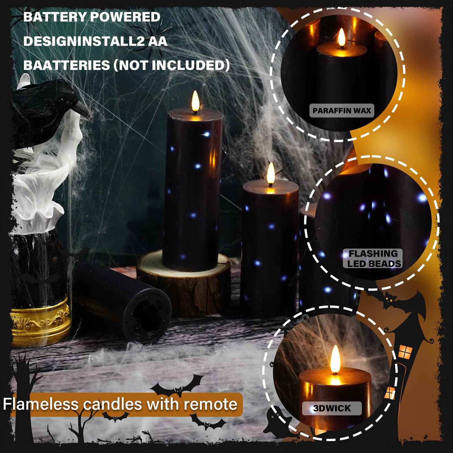 Nimiko Flickering Flameless Candles with Remote Control and Timer Set of 5 Pc Real Wax LED Pillar Candles, Battery Operated Candles(D2.2×H5/5.5"/6"/7"/8") Halloween Decorations Home Decor (Black)