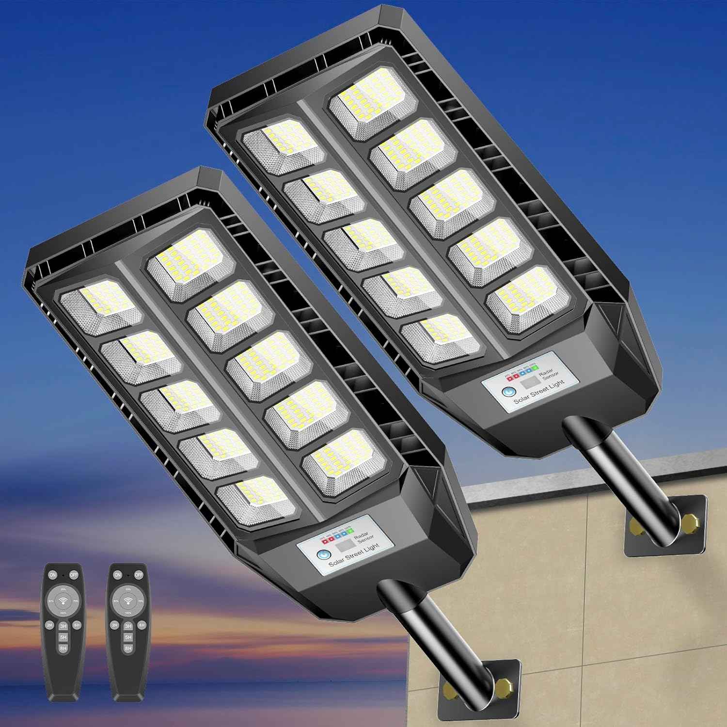 Solar Street Lights Outdoor with Motion Sensor - IP66 Waterproof LED Flood Light, Dusk to Dawn, 6500W (2-Pack)