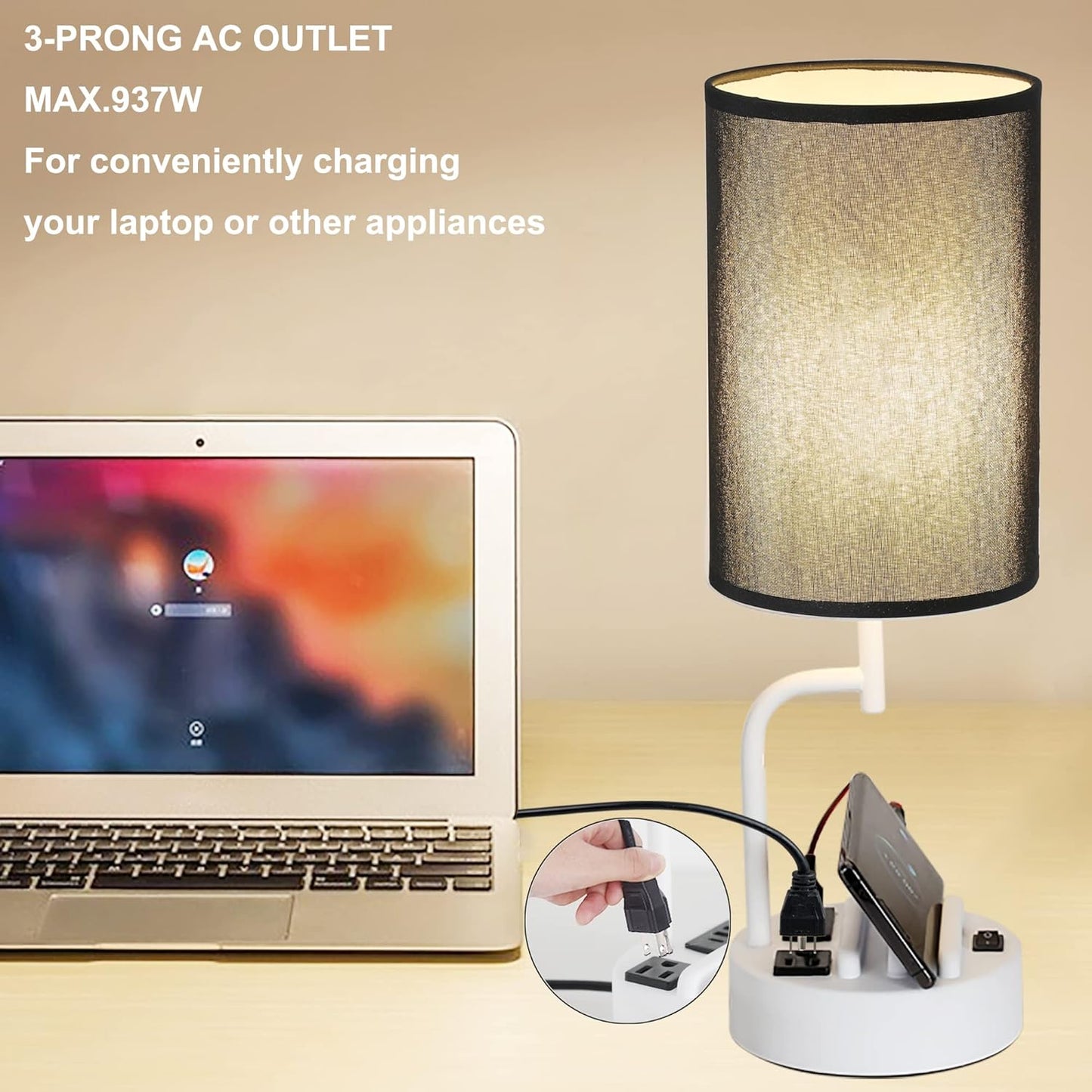 Modern Table Lamp with 3 USB Ports & AC Outlet - Set of 2 Bedside Desk Lamps in Silver