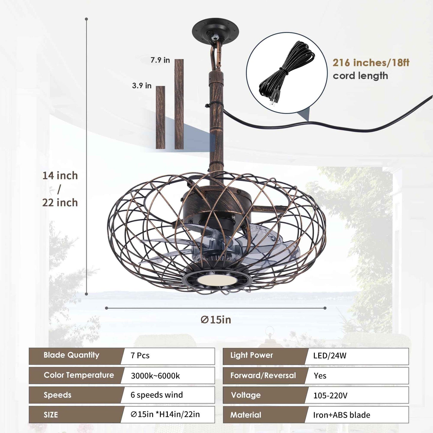 Miuyhji Retro Outdoor Ceiling Fans with LED Light, 15" Waterproof Gazebo Fan Plug in Caged Industrial Fandelier Ceiling Fan with Remote, 6 Speeds Adjustable Height Fan for Bedroom Living Room Pergola