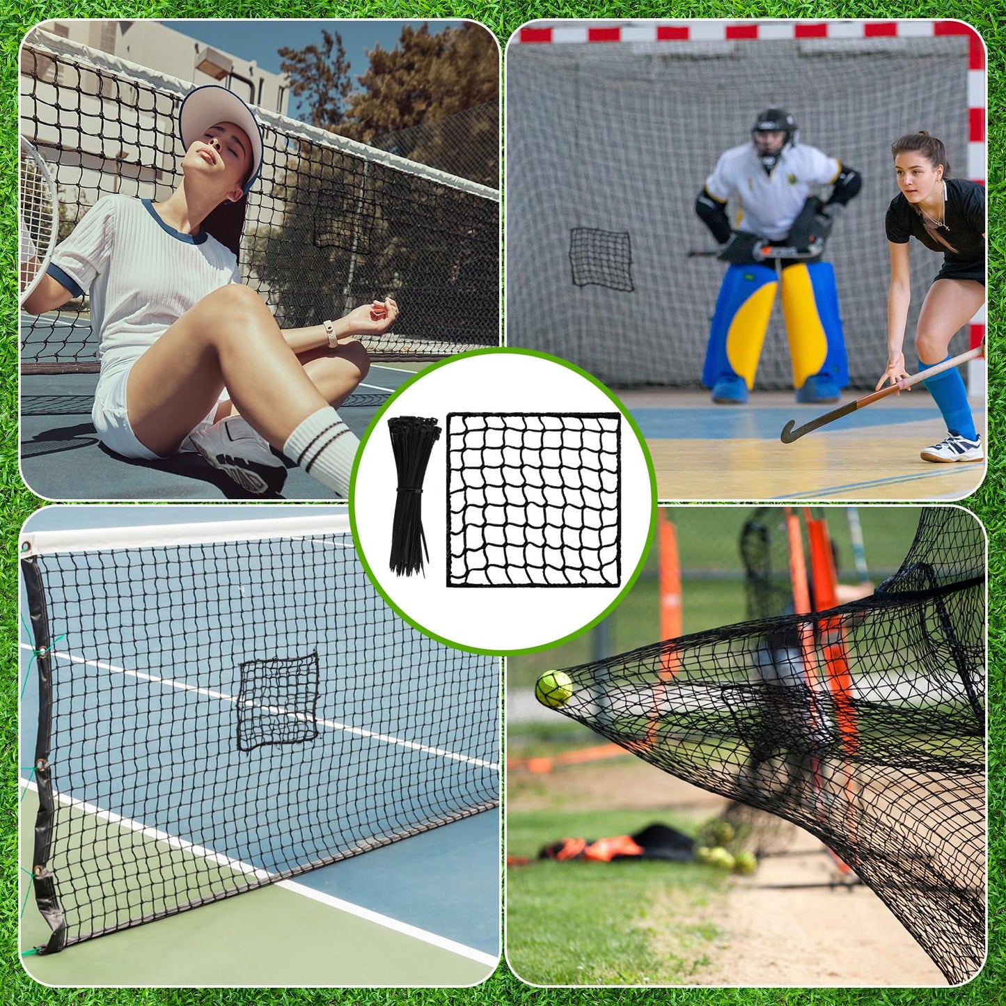 GliCraft 6 Pcs Universal Sports Net Repair Kits with 100 Pcs Zip Ties Golf Goal Nylon Netting Hole Replacement Patch for Baseball Batting Cages Soccer Football Hockey(8 x 8 Inch,Black)