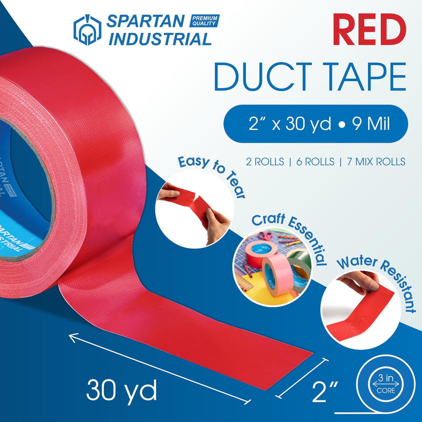 SPARTAN INDUSTRIAL - 2" X 30 yd Red Duct Tape - 2 Colored Tape Rolls for Crafts, Repairs, and More - No Residue, 9 Mil
