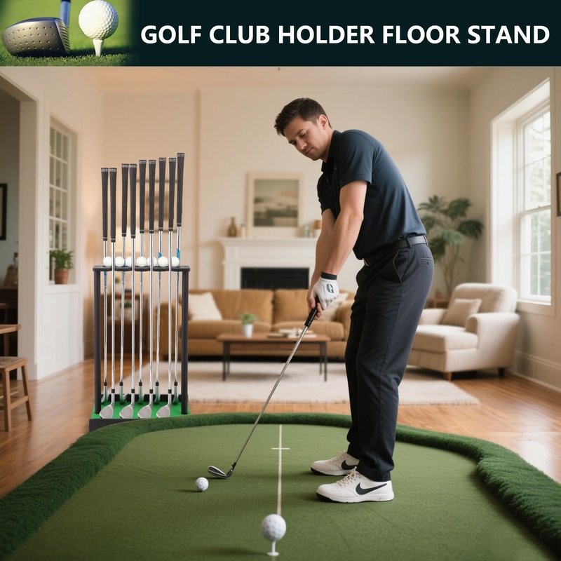 Xnwouco Golf Putter Stand for 9 Clubs & 7 Balls, Solid Wood Golf Club Rack, Golf Club Organizer Floor Stand, Golf Club Holder | Rustic Modern Design for Home, Office, Golf Course Accessories