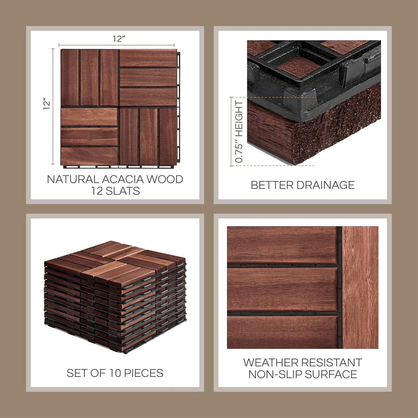 Outdoor Waterproof Acacia Wood Deck Tiles - 10 Pcs Patio Flooring for All Weather Use