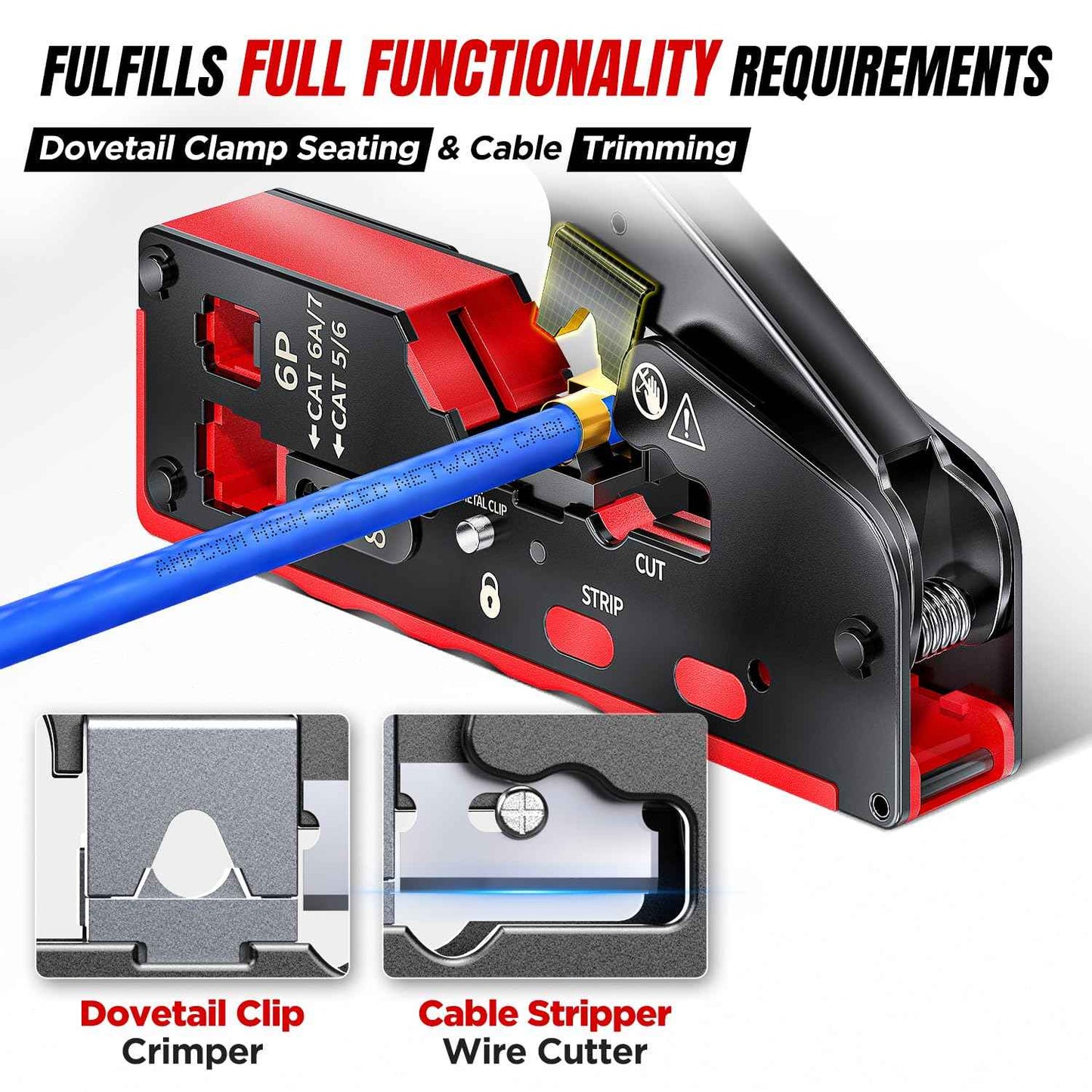 AMPCOM Pass Through RJ45 Crimp Tool, All-in-one Ethernet Crimper, Crimping for STP UTP RJ45/ RJ11 Cat8 Cat7 Cat6A Cat6 Cat5e Cat5 Connectors, AM-728RD