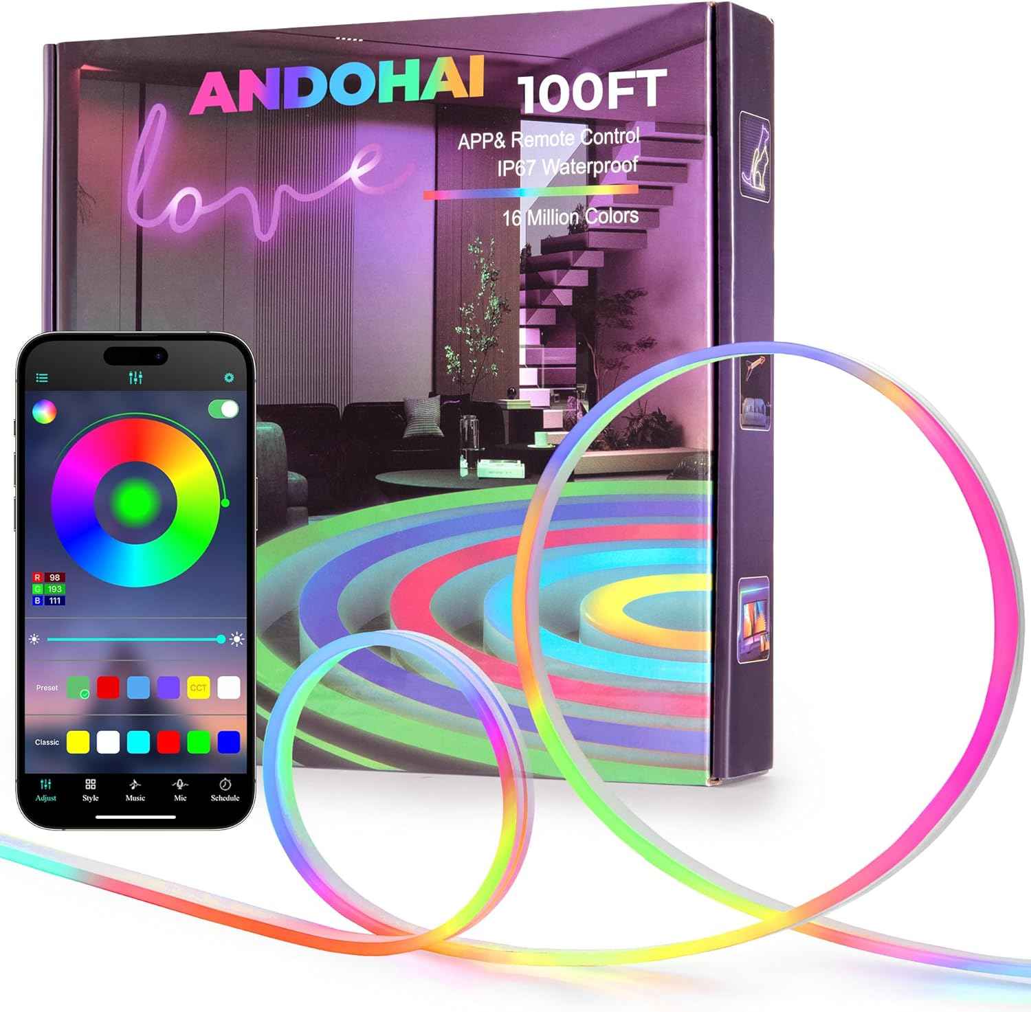 100FT Waterproof RGB LED Neon Rope Lights - App/Remote Control, Music Sync for Outdoor & Bedroom Decor