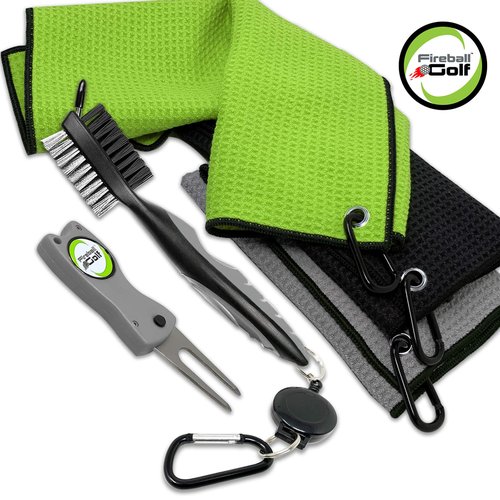 Fireball Golf US Based Towel Gift Set - 3 Golf Towels, Divot Tool, Ball Marker, Cleaning Brush - Many Colors, Gifts for Men, Women, Children
