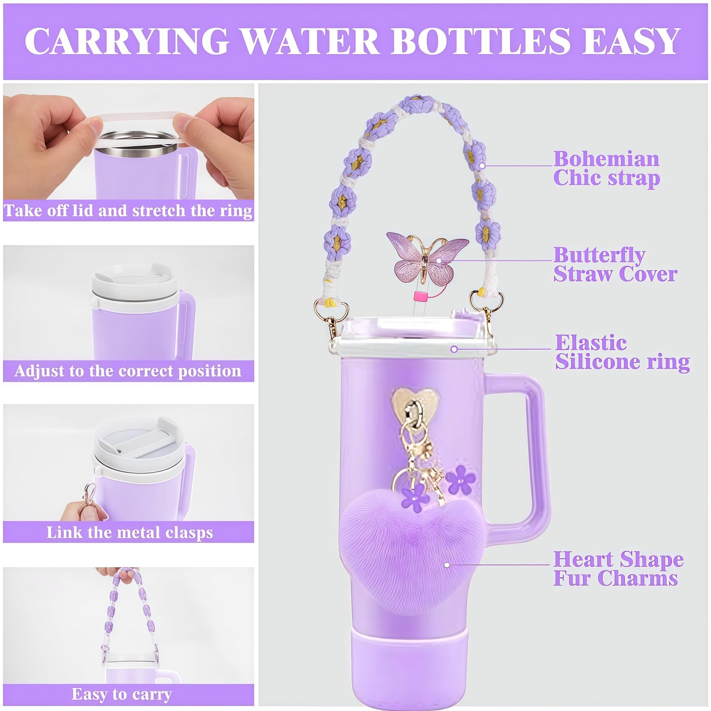 8PCS Stanley Cup Accessories Set, Adjustable Water Bottle Shoulder & Handle Strap, Glitter Protective Boot, Heart Shape Pompom Ball,Straw Topper Cover & Charms for Stanley 30oz 40oz Tumbler (Purple)