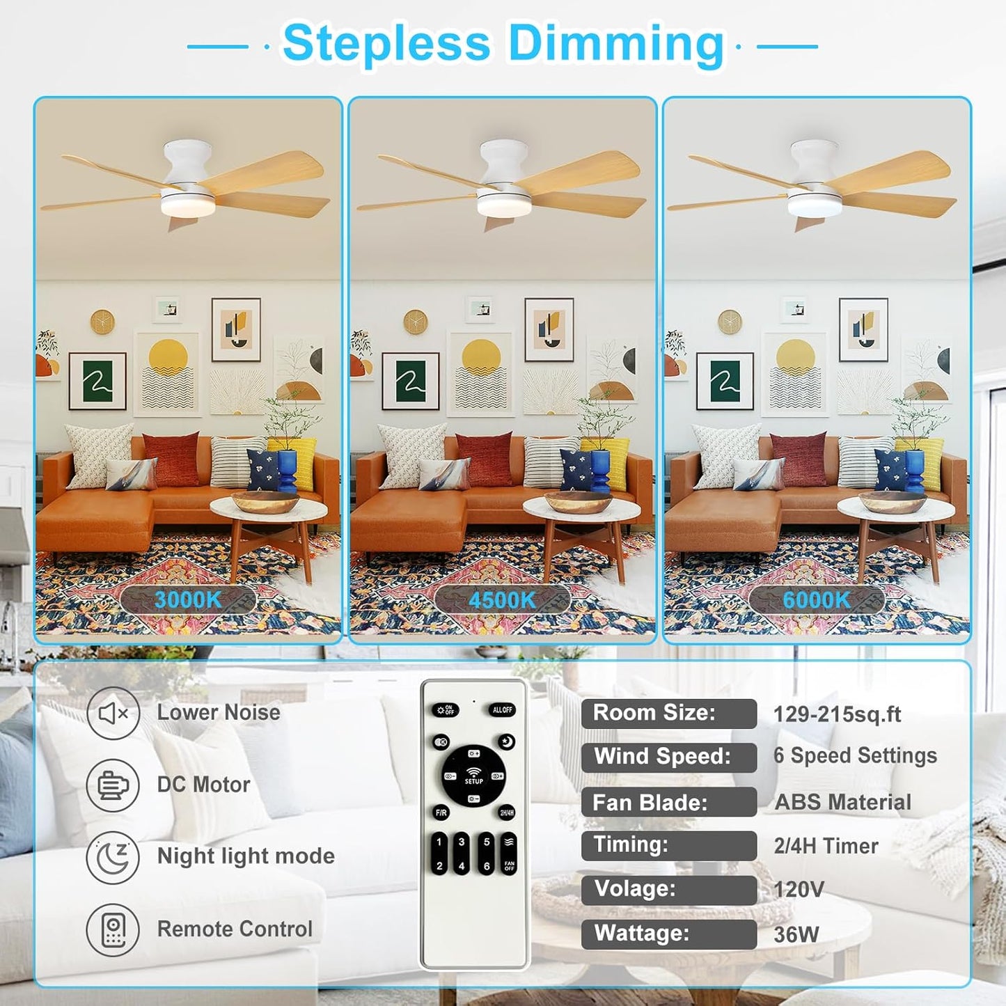 42-Inch Modern Black Ceiling Fan with Light & Remote - Dimmable Low Profile, 5 Reversible Walnut Blades, 6 Speeds for Indoor/Outdoor Use