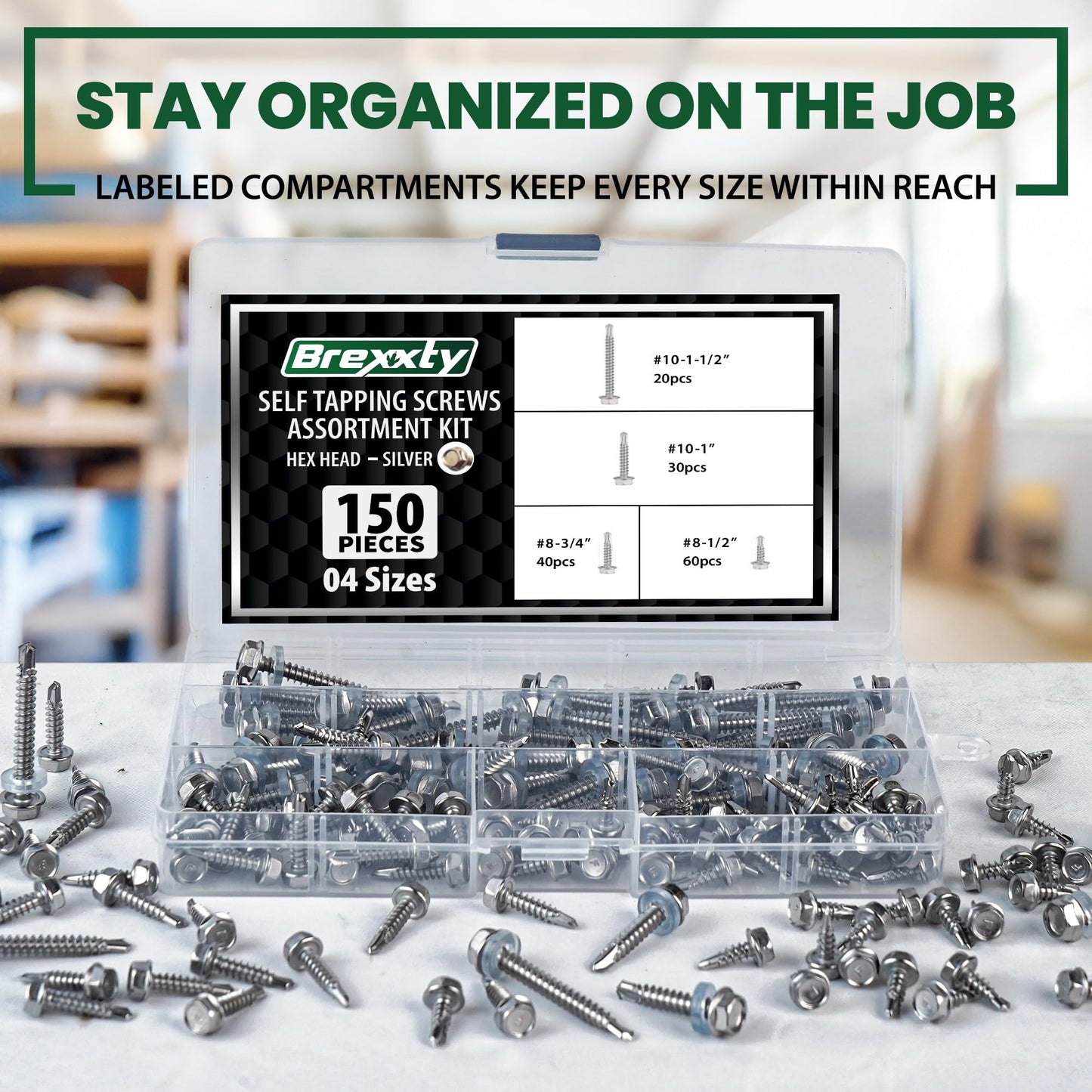150 PCS Self Drilling Screws for Metal, Wood & Plastic – 410 Stainless Steel Self Tapping Screws Assortment – Includes #8 (1/2”, 3/4”) & #10 (1”, 1-1/2”) TEK Metal Screws with Hex Washer Head