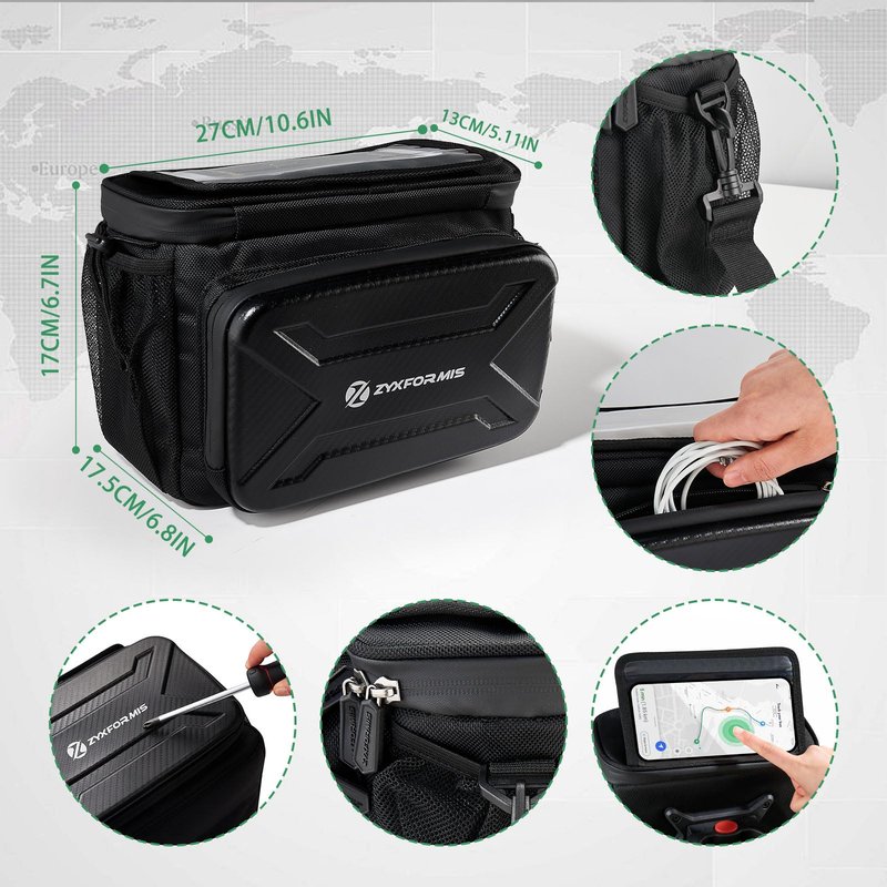 Bike Handlebar Bag with Touch Screen Phone Holder, 6L Large Water Resistant Bike Basket Front Bag with Handlebar Adapter, Reflective Bike Storage Pouch with Shoulder Strap for Bicycle and E-bike