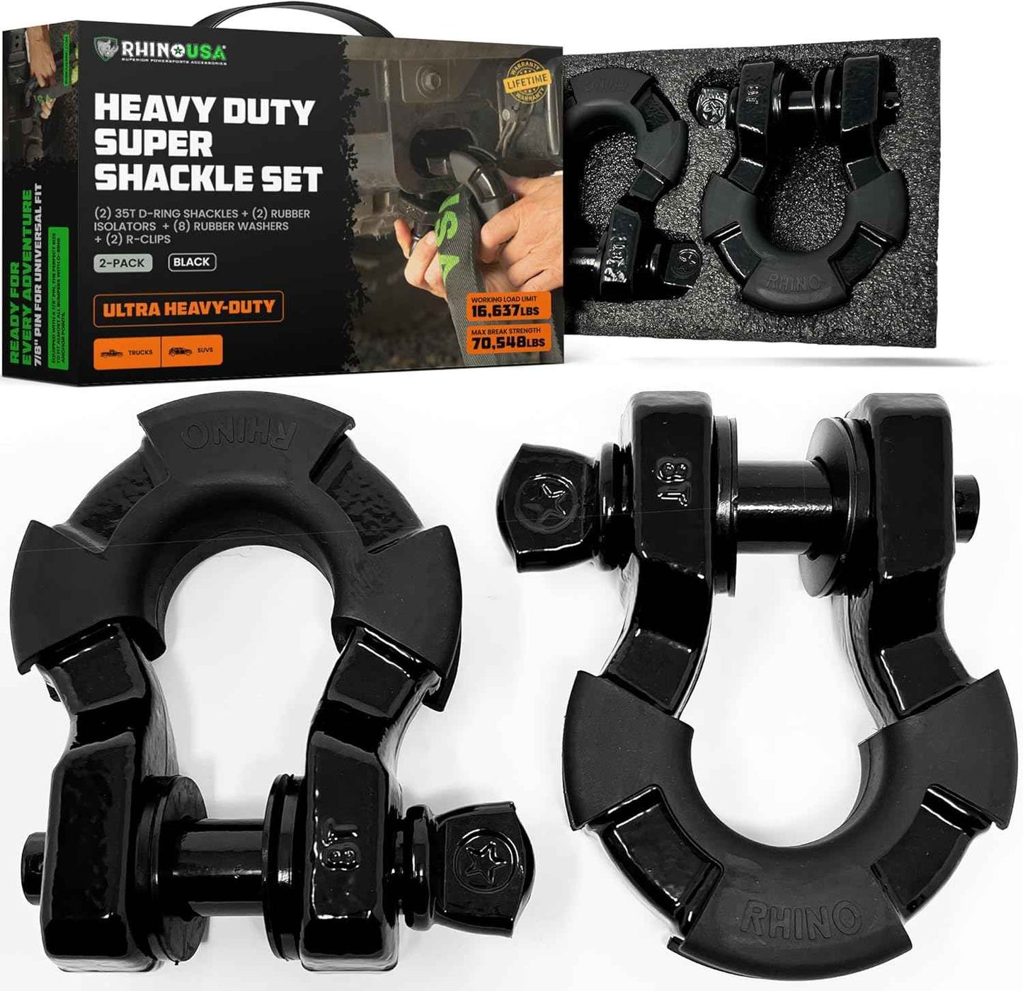Heavy-Duty Rhino USA Super D Ring Shackles 2-Pack - 70,548lb Break Strength for Towing & Off-Road Recovery (Red)