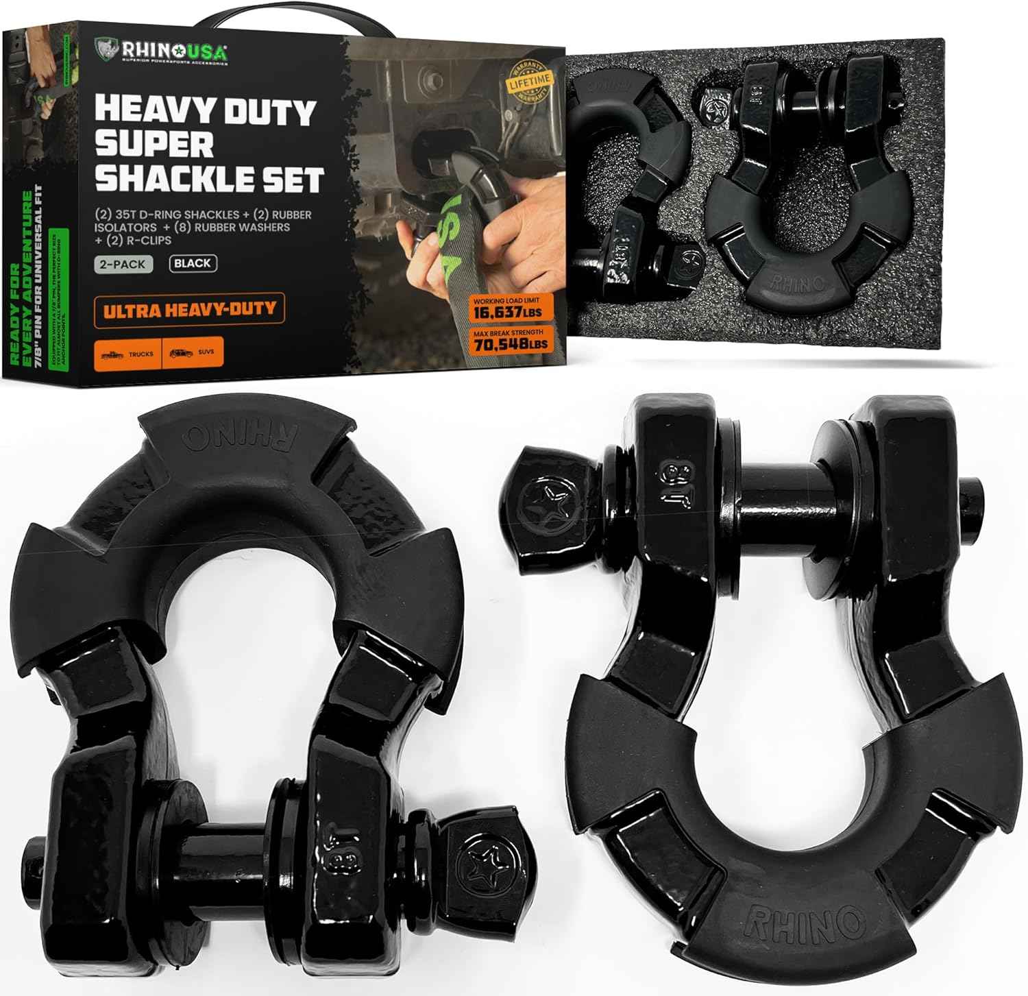 Heavy-Duty Rhino USA Super D Ring Shackles 2-Pack - 70,548lb Break Strength for Towing & Off-Road Recovery (Red)