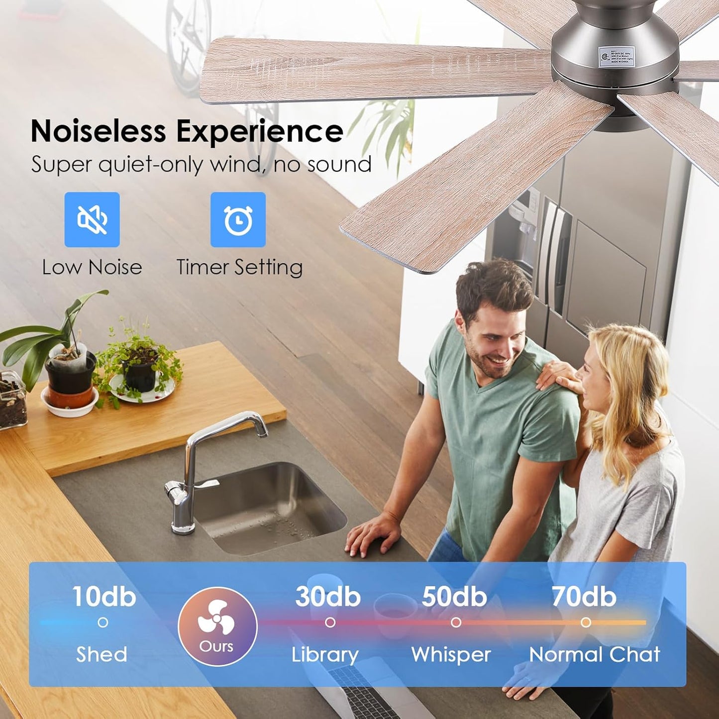 46” Black Low Profile Ceiling Fan with Lights & Remote Control - Dimmable, Noiseless, Reversible for Bedroom