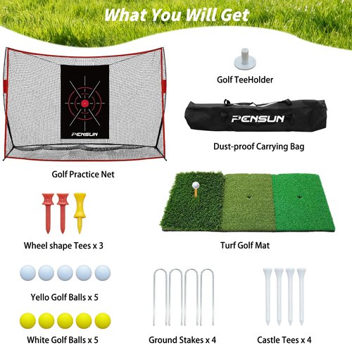 PENSUN Golf Practice Hitting Net - 10x7ft Heavy Duty Golf Net with Mat, Target Cloth, 8 Tees, 10 Balls, Carry Bag for Backyard Driving, Indoor & Outdoor Training