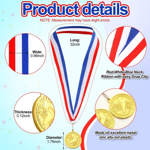 Huquary 48 Pcs Cheer Award Medals Bulk with Neck Ribbons Cheerleading Trophy Awards Prizes Baseball Football Volleyball Basketball Gold Award Medals for Sports Winner Gift