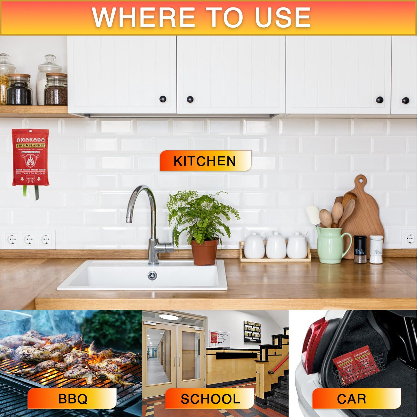 AMARADA | 2 Pack Emergency Fire Blanket | Large Size 59"x 59" | Ideal for Kitchen, Schools, Offices, Cars, Camping, BBQ, Outdoor Activities