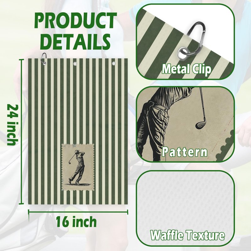 BCUANGD Vintage Golf Towel - Retro Green Stripe Golf Bag Accessories Towel, Trendy Preppy Disc Weave Waffle & Ball Towels with Carabiner Clip Birthady Gifts for Golfer Dad Grandpa Men, 16"x24"