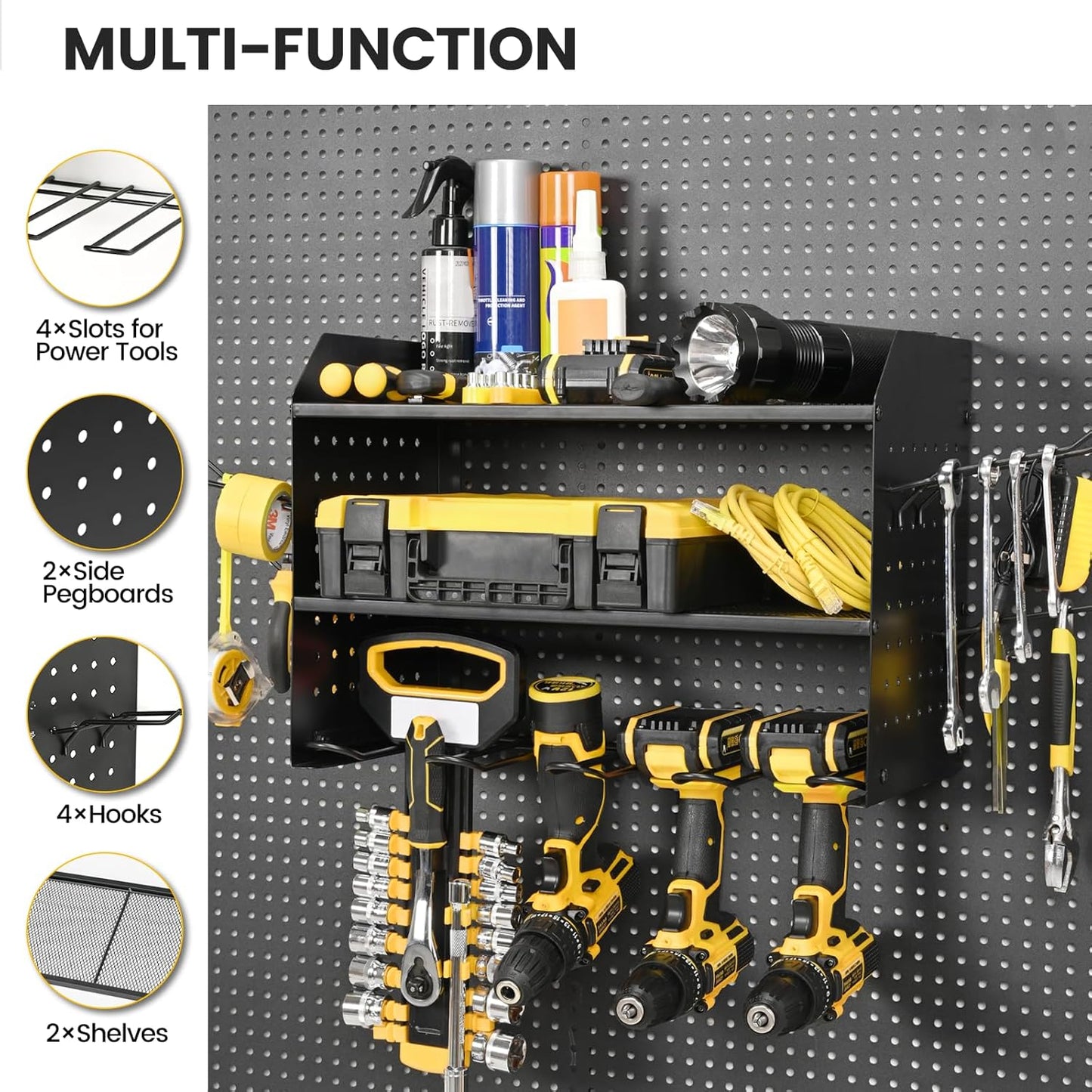 Power Tool Organizer Wall Mount - 3-Layer Charging Station with 8 Outlets & 6 Drill Holders - Efficient Garage Storage Solution (Black)