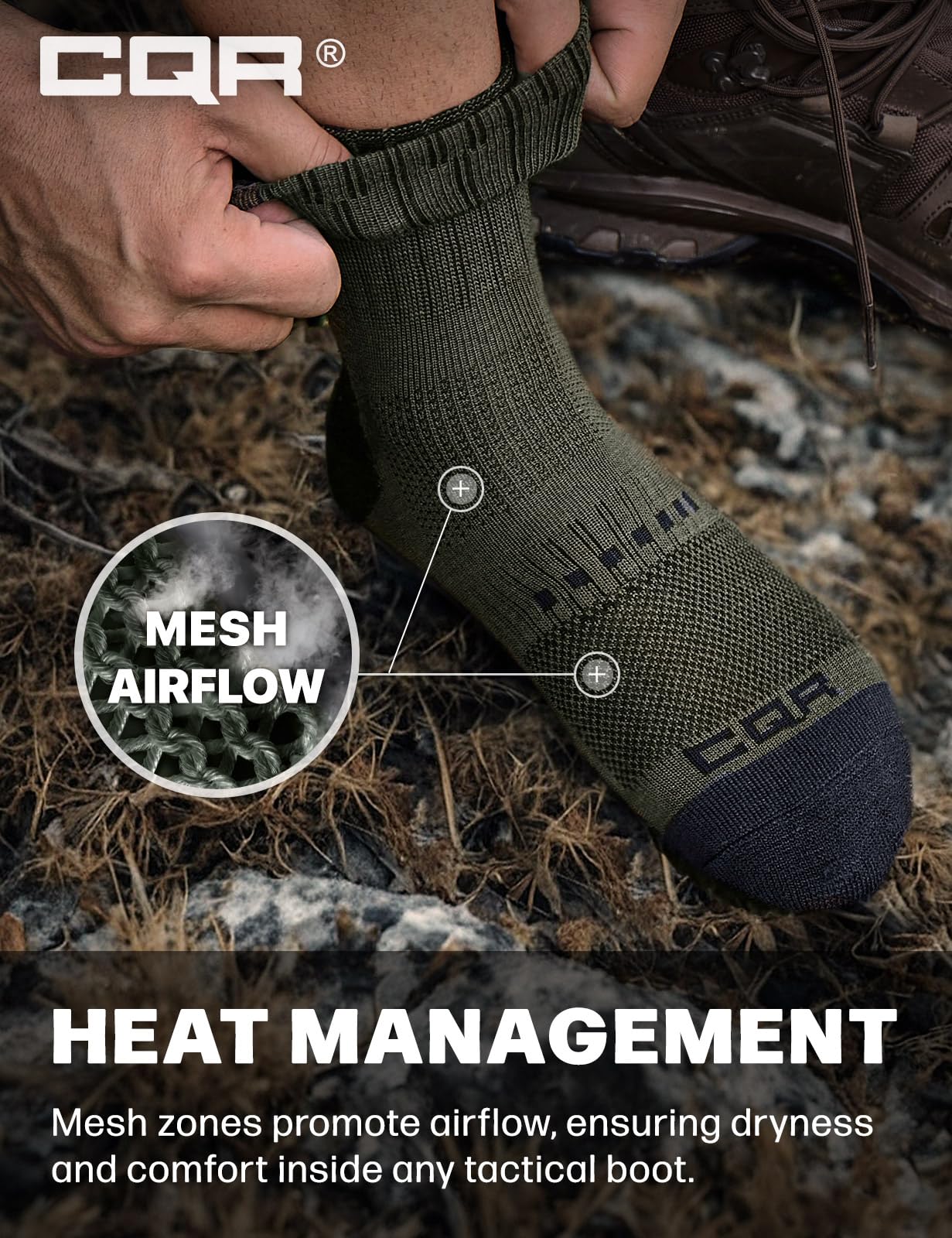CQR 3 Pack Men and Women Wool Hiking Mid Calf Crew Socks, Moisture Wicking Breathable Outdoor Tactical Cushion boot Socks, Tac 8.5in Soil Green, Medium