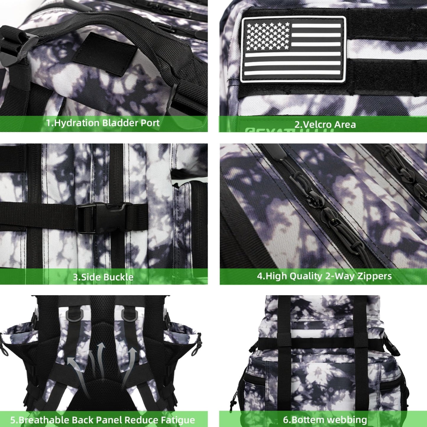 SEYATULLH Military Tactical Backpack 55L for Men & Women Bug Out Bag Assault pack Molle Daypack Hiking Trekking Rucksack (Black and white tie dye)
