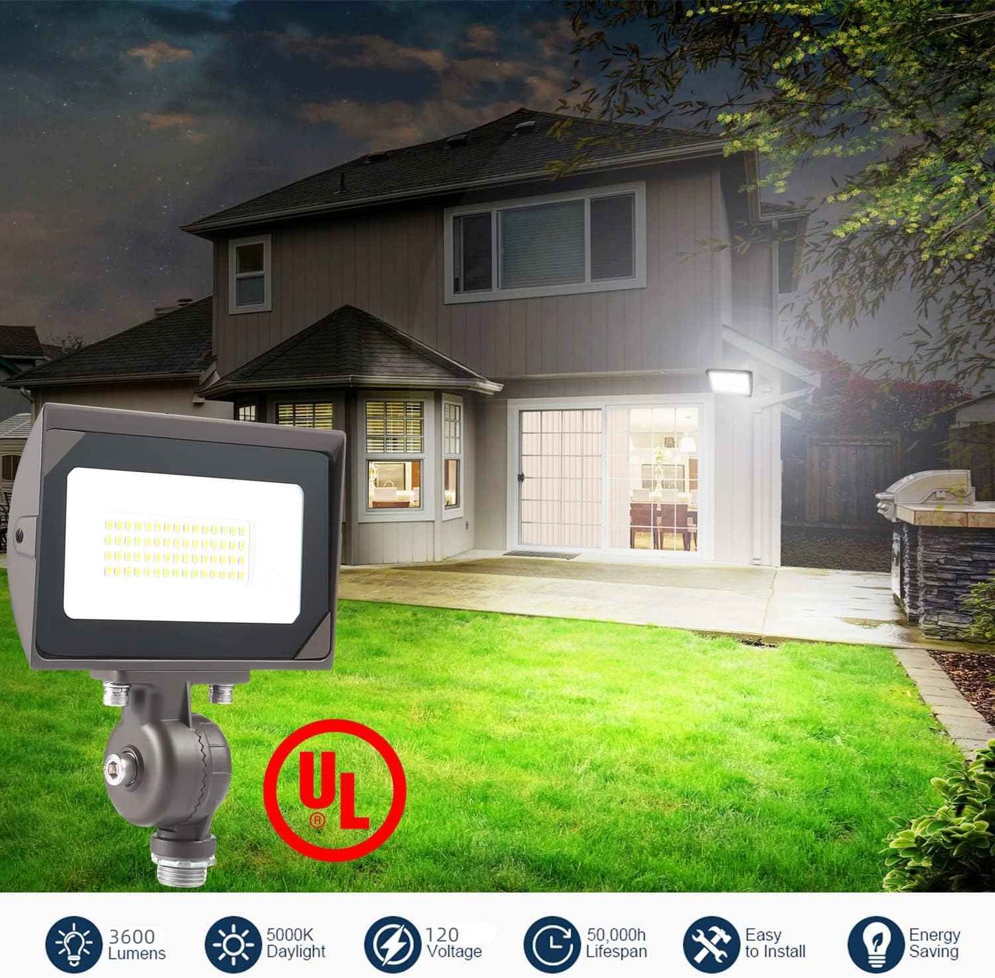 80W LED Flood Light - Waterproof Outdoor Security Light, 9600LM, 5000K Daylight, Knuckle Mount Included