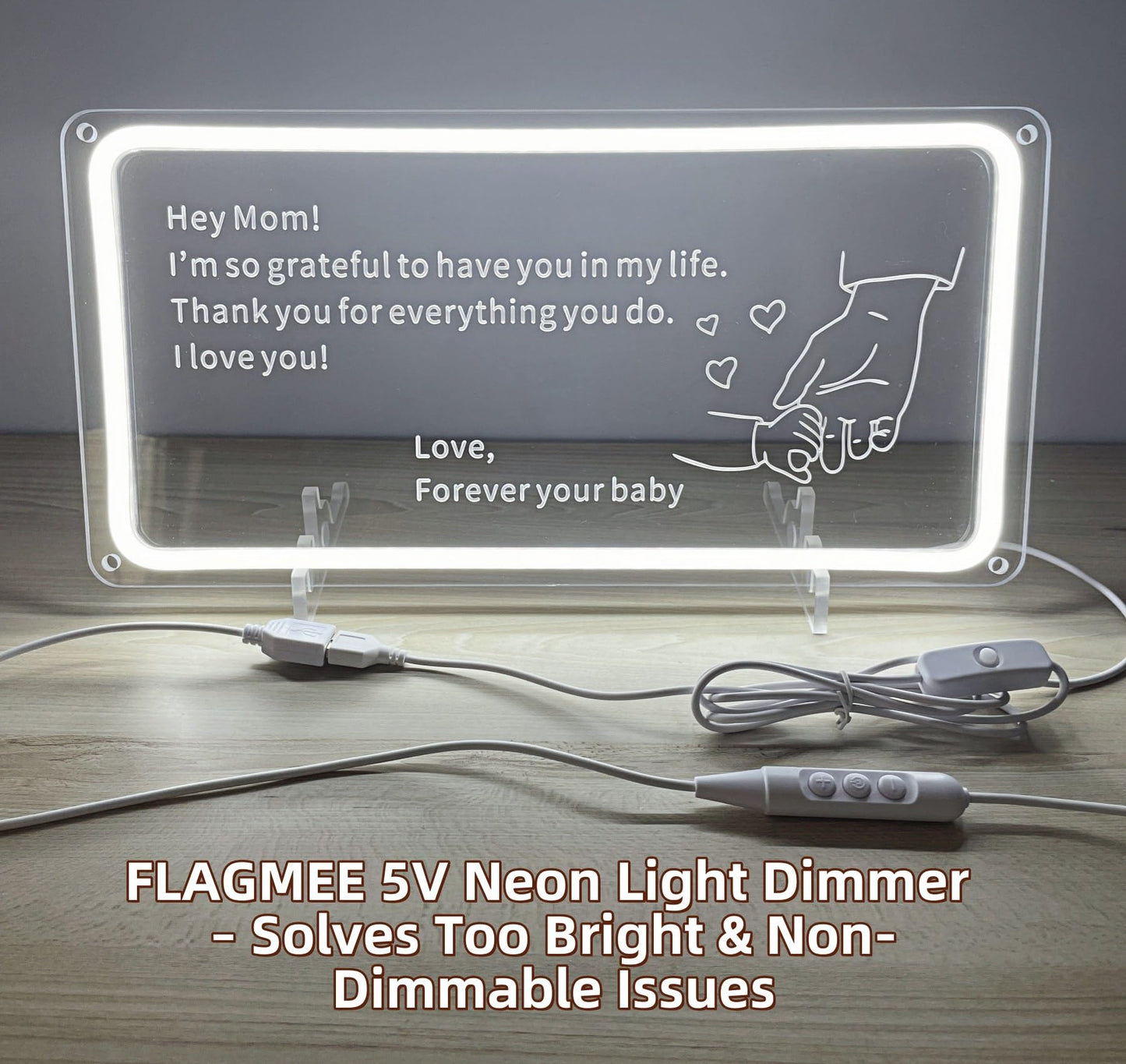 FLAGMEE Neon Light Dimmer Switch USB Adapter for 5V LED Neon Signs - Adjustable Brightness Controller, 1.5M Power Cord, Solve Non-Dimmable Lights