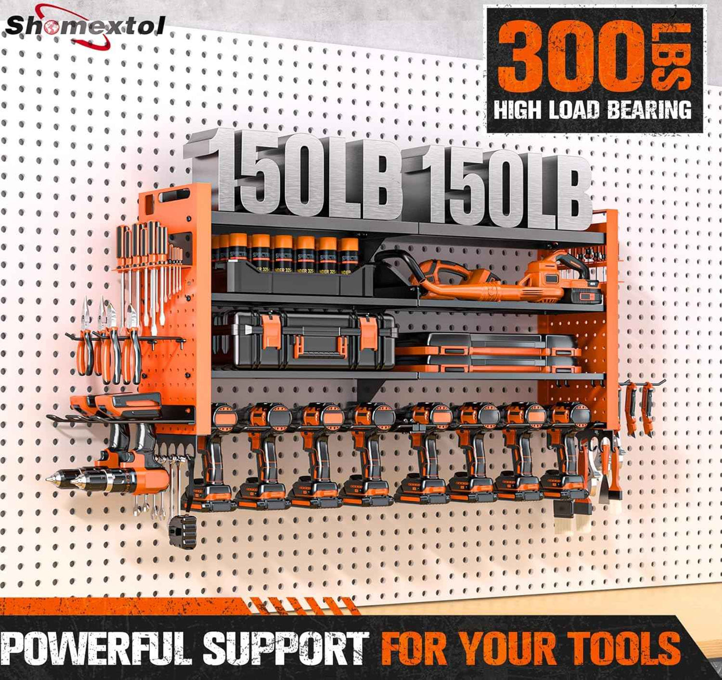 Heavy Duty Wall Mount Power Tool Organizer with Charging Station & 10 Drill Holders