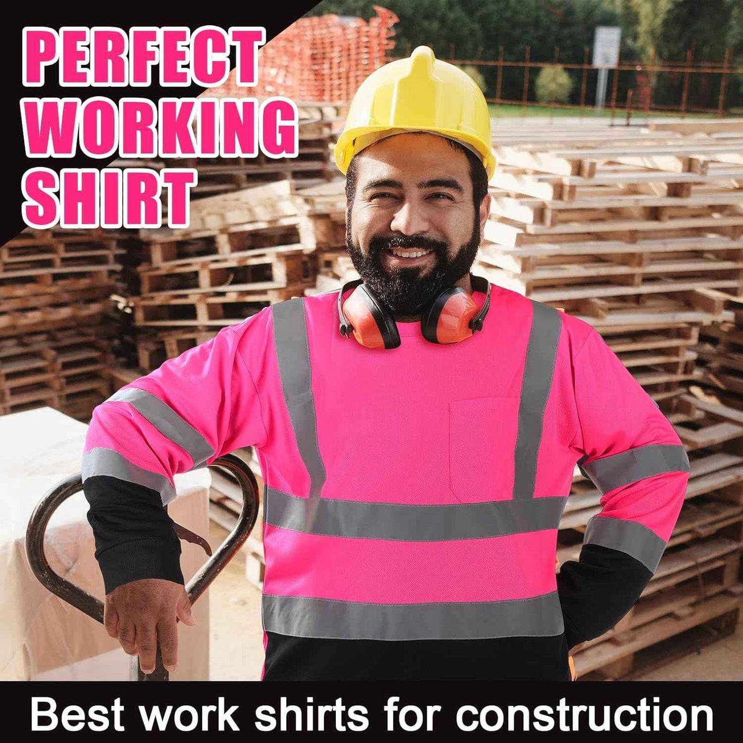 High Visibility Long Sleeve Safety Shirts - 6 Pack Class 3 Reflective Wicking Shirts with Pocket (Yellow)
