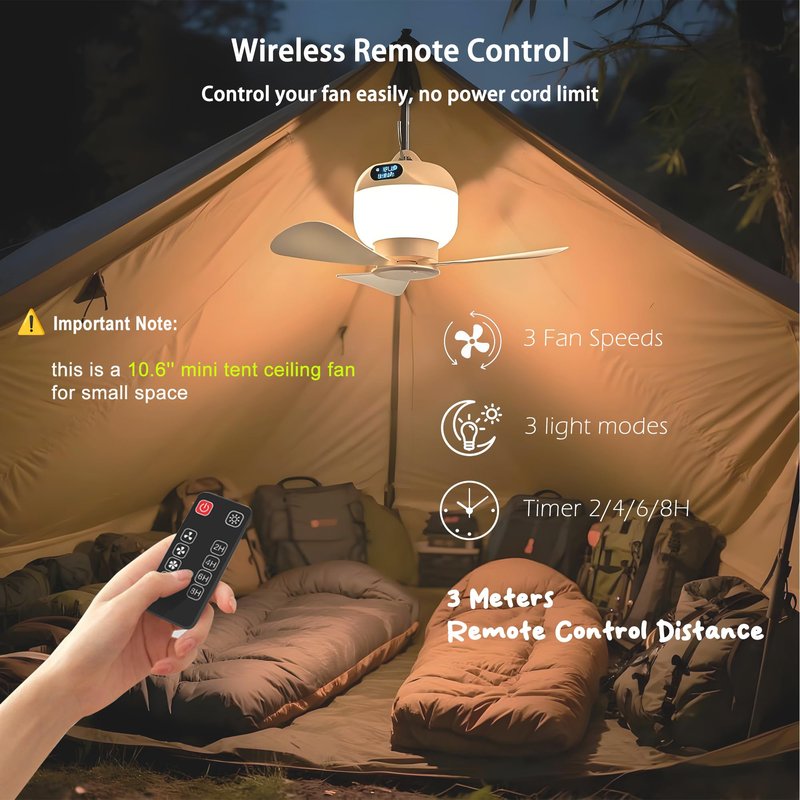 Negxi Camping Fan with Light & Remote, Portable Ceiling Fan for Tents, Canopy, Beach, RV, Car, Camper & Outdoor, Wireless Rechargeable Hanging Pop up Tent Fan - 3 Speed Breeze & Timer, 10.63 Inch