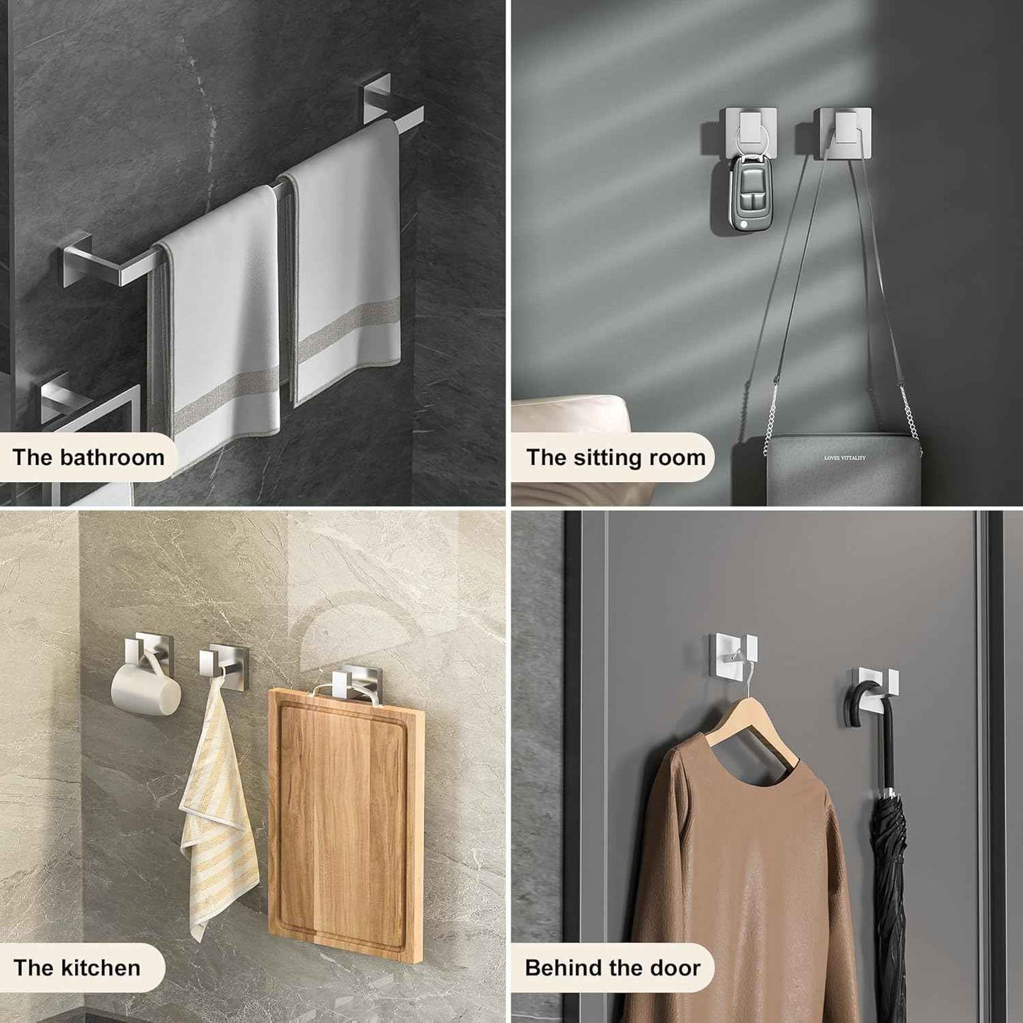 Brushed Nickel Bathroom Hardware Set - 10-Piece Towel Bar, Ring, Hook & Holder Kit