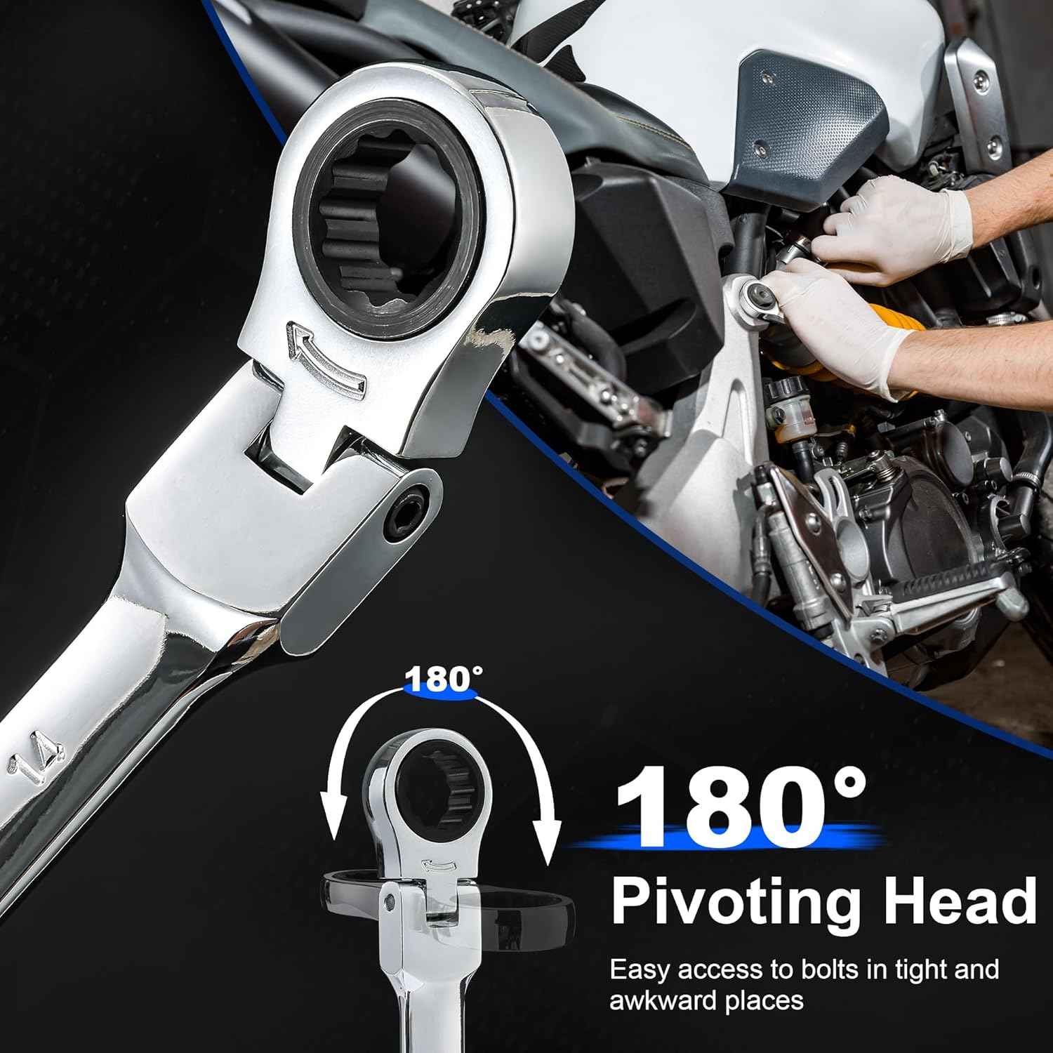 14-Piece Metric Ratcheting Wrench Set - Flex-Head, 72 Tooth, Cr-V Steel with Storage Case (6-19mm)