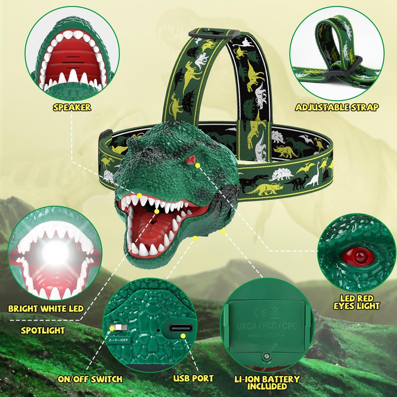 Nitigo Dinosaur Headlamp for Kids Flashlight Rechargeable Led Dino Head Lamp Roar & Silent Mode, T-Rex Dinosaur Toys for Kids 3 4 5 6 7 8, Camping Gear, Easter Gifts for Boys Girls Adults