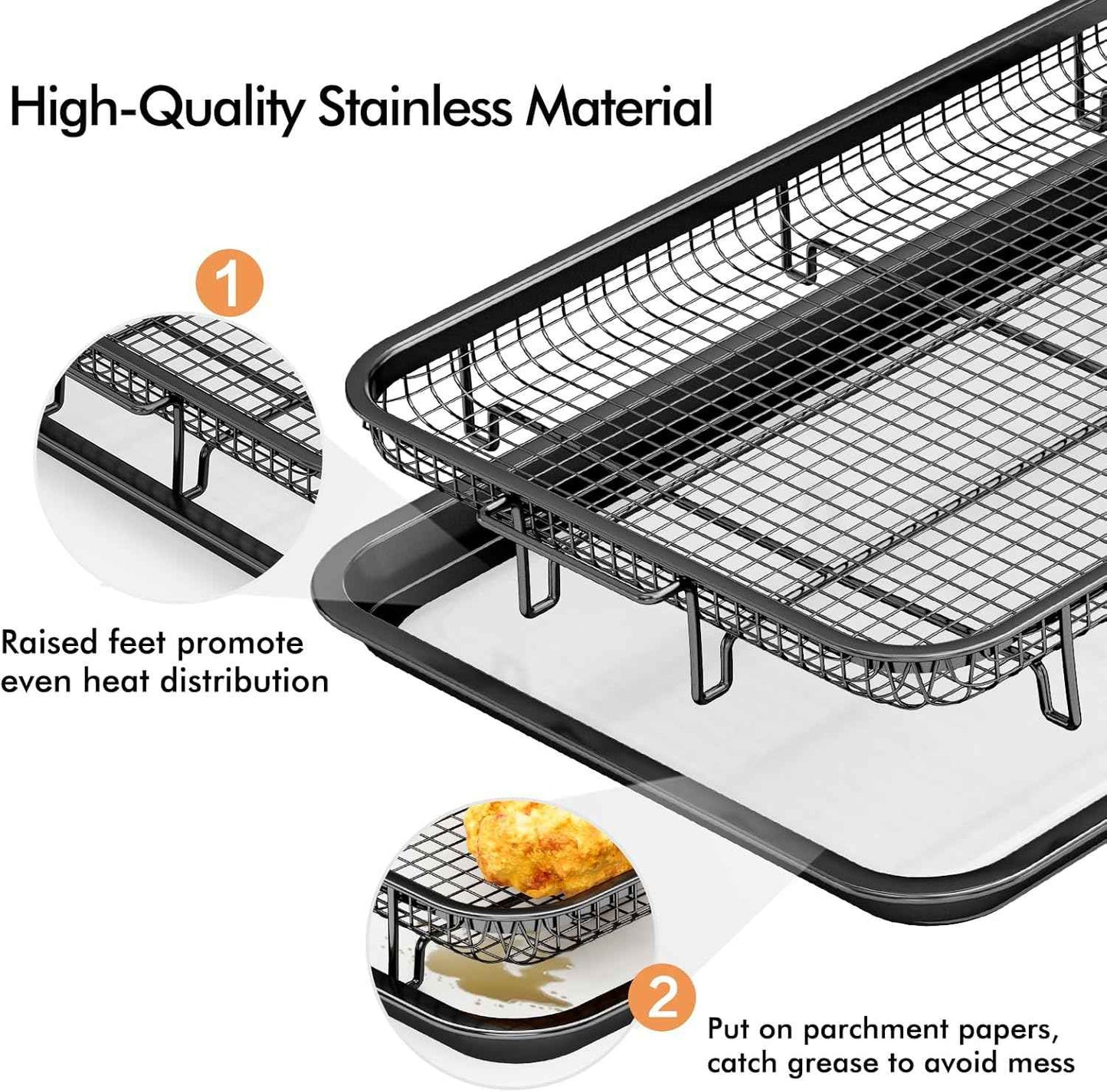 Air Fryer Basket Set with Parchment Papers - Non-Stick Stainless Steel Trays (2 Sizes)