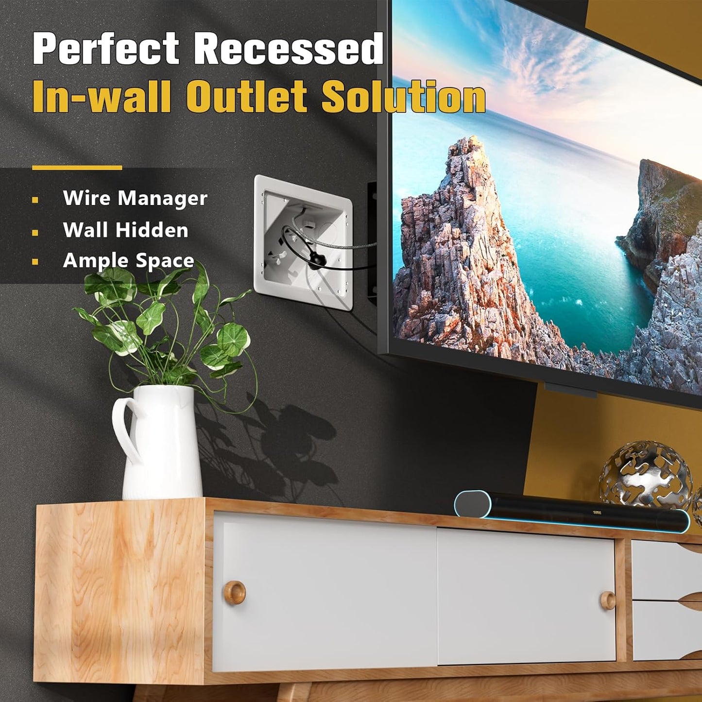 In-Wall TV Box with Flange & 2 Duplex Outlets - Cord Hider for Home Theater Installation