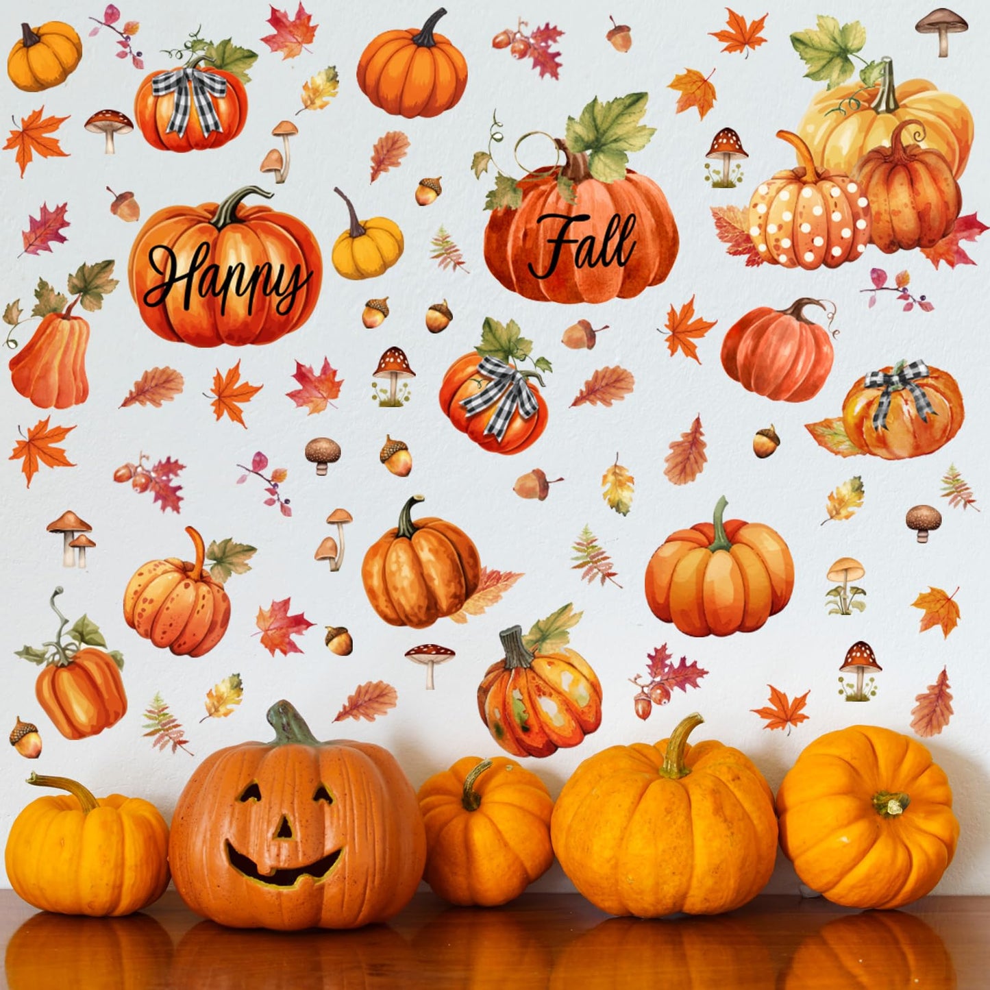 Eersida 6 Sheets 89 Pcs Fall Wall Stickers Oil Painting Pumpkin Wall Decals Maple Leaves Decals Stickers for Autumn Glass Thanksgiving Home Decor and Fall Decoration Kitchen Living Room