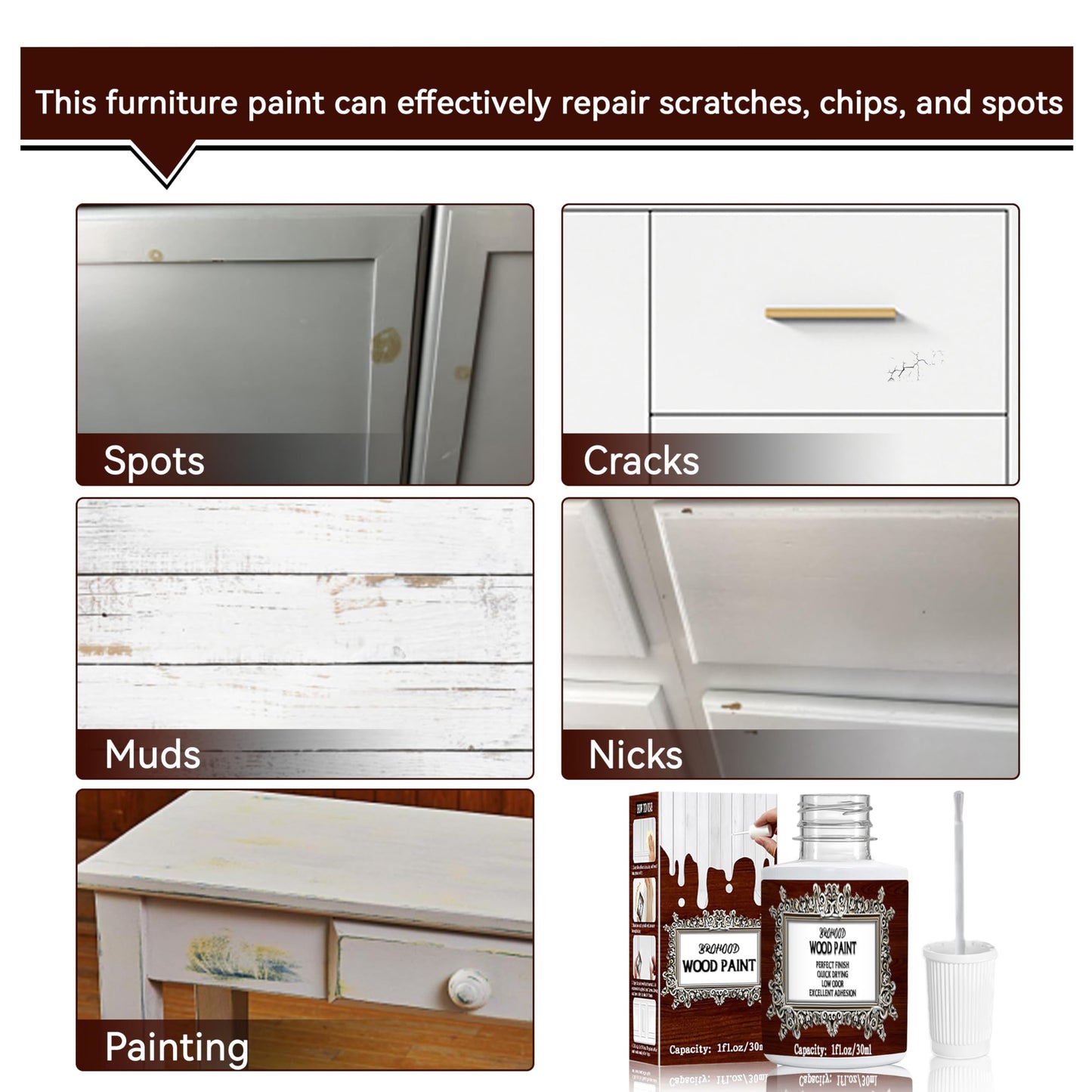 Brohood Wood Paint for Furniture Cabinet Kitchen Door, Semi-Gloss White Scratch Repair for Wood Surface Renovation, 1 Oz White Paint for Spots and Chips