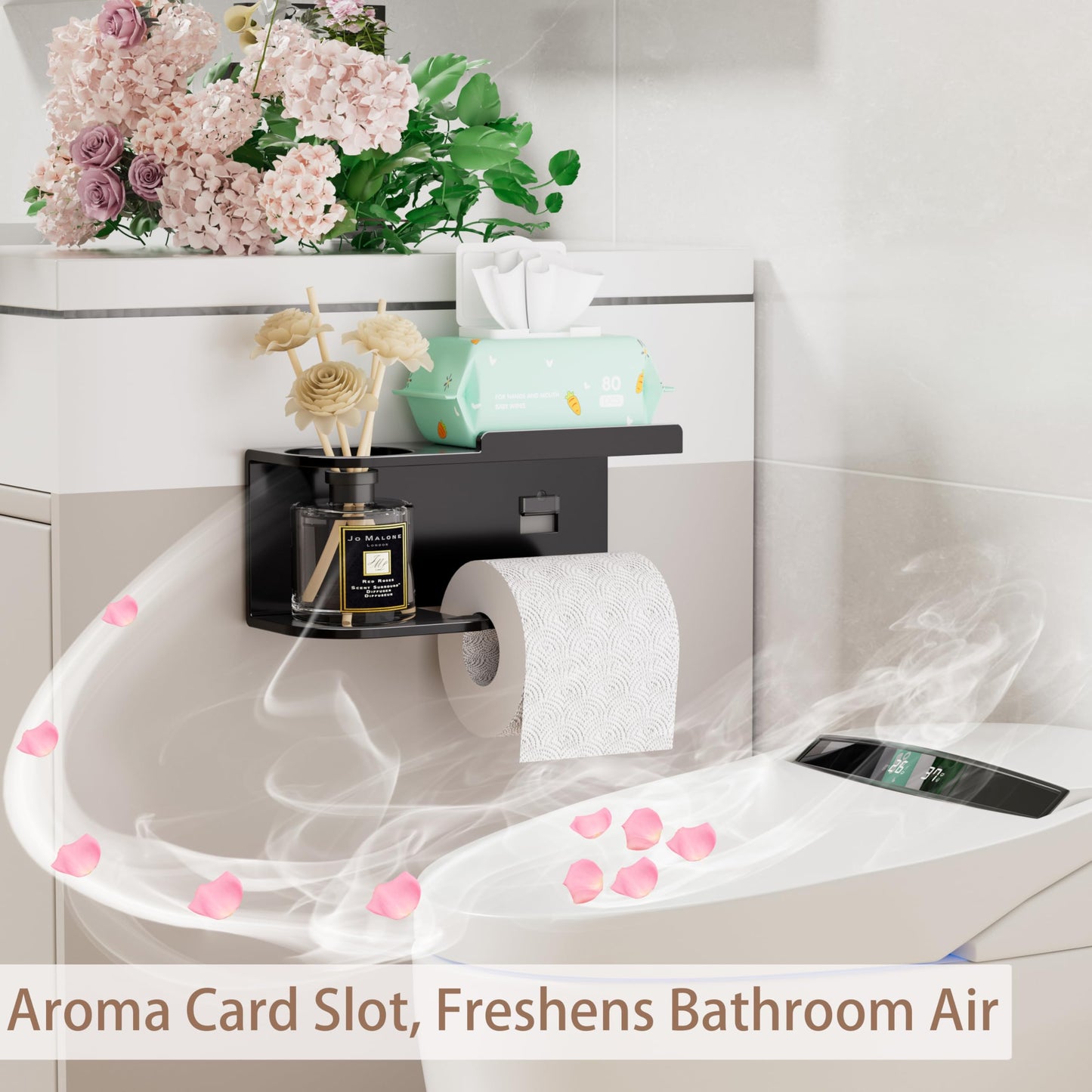 Toilet Paper Holder Wall Mount - Strong Adhesive or Screw Mount Bathroom Toilet Paper Holder with Shelf- SUS304 Stainless Steel Tissue Roll Storage - Holds Phone, Reed Diffuser(Matte Black)