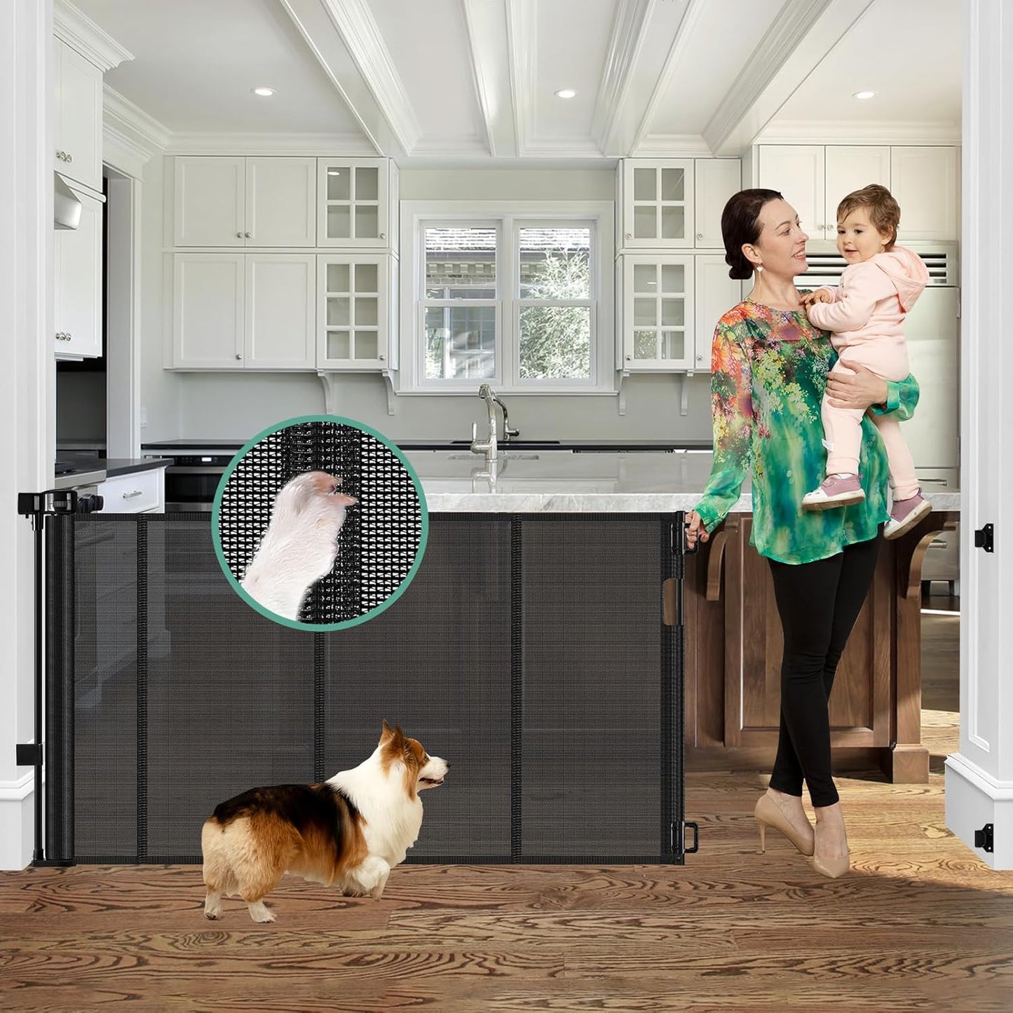 Retractable Baby Gate 60" Wide - Reinforced Mesh Pet Barrier with Anti-Escape Design, Black