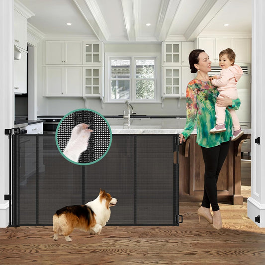 Retractable Baby Gate 60" Wide - Reinforced Mesh Pet Barrier with Anti-Escape Design, Black
