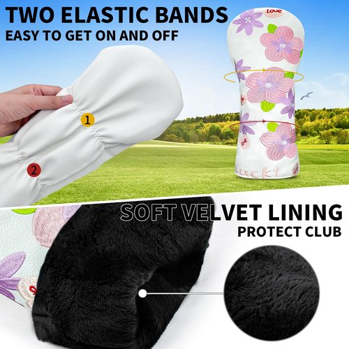 Golf Head Cover Golf Club Peach Blossom Design Golf Covers PU Headcovers Set Fits Driver Fairway Wood Hybrid Utility Woods Iron Wedge Headcover.