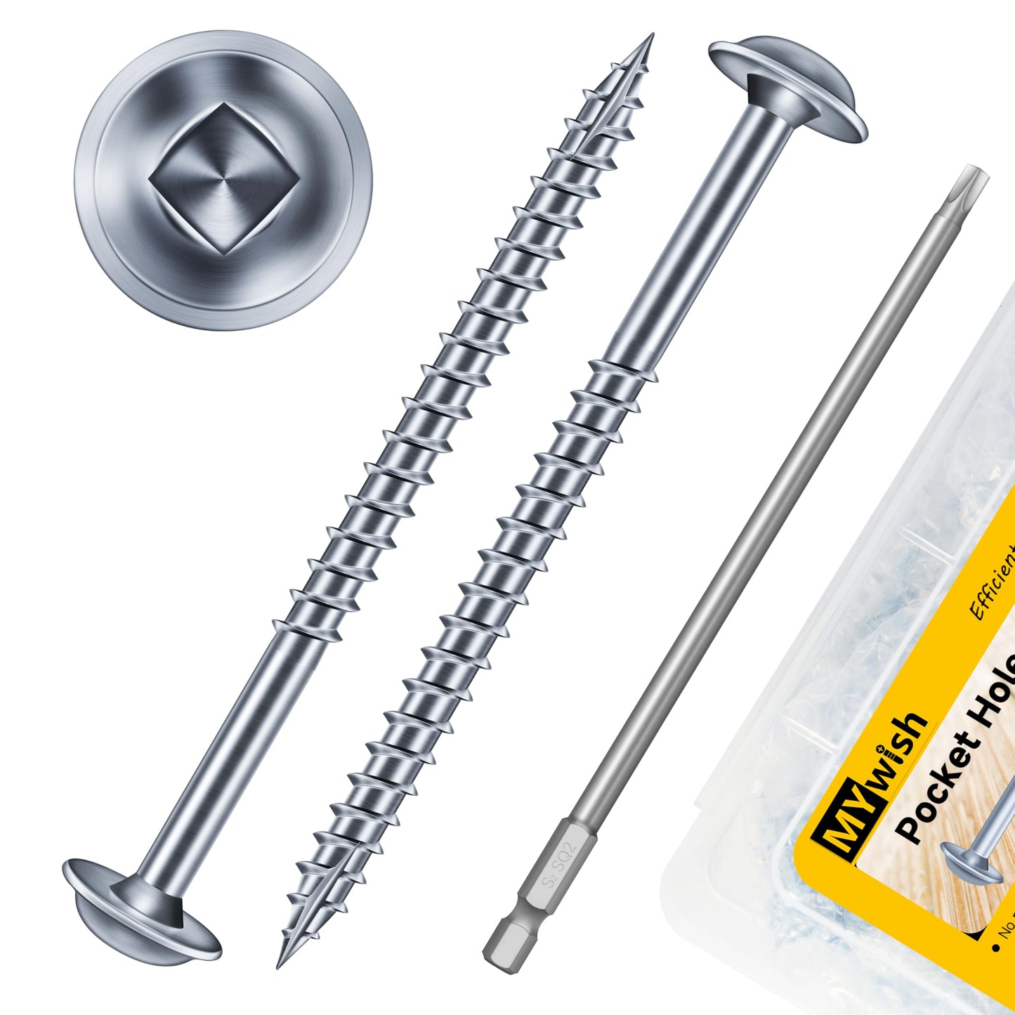 Mywish 100Pcs Pocket Hole Screws 2-1/2 Inch, Wood Screws #8 x 2-1/2" Washer Head Square Drive Self Tapping Pocket Screws, Zinc Plated, with 150MM Pocket Hole Drill Bit