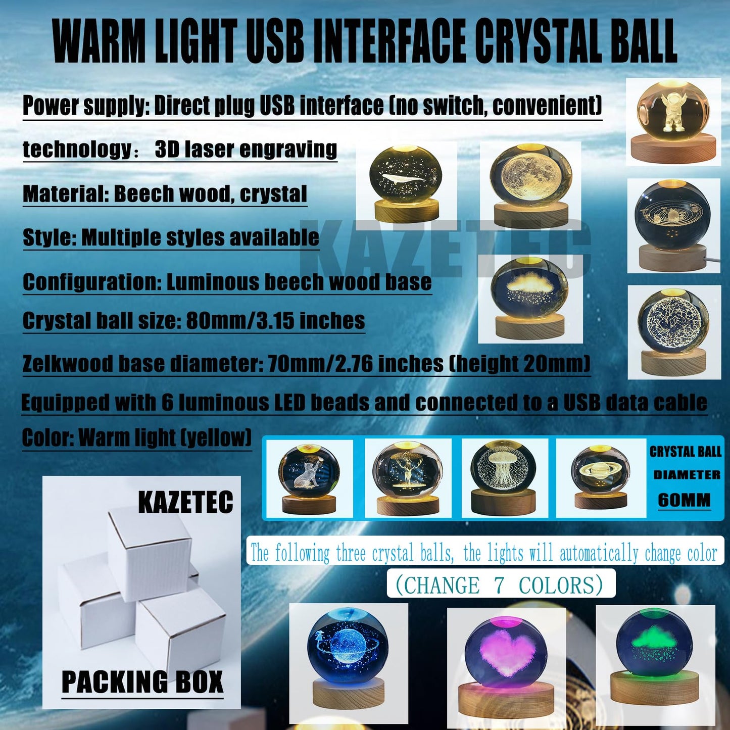 KAZETEC 3D Saturn Crystal Ball Night Light with LED Stand, Saturn Planet Figurine Lamp Decoration Glass Sphere Paperweight Decorative Balls,Suitable as Night Lights Bedroom Decorations(3.15 in,80mm)