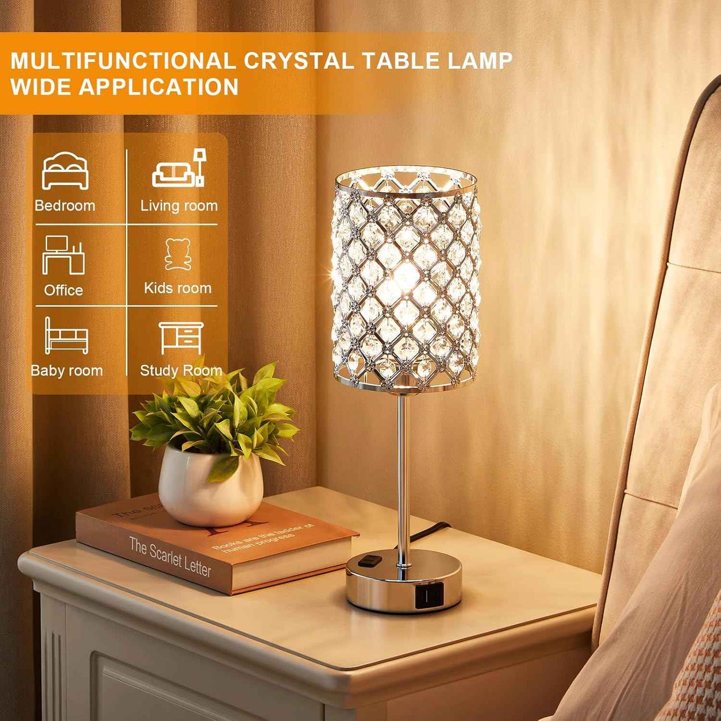 Dimmable Touch Control Crystal Table Lamp Set of 2 with USB-C & AC Ports - Elegant Nightstand Lighting for Bedroom & Living Room