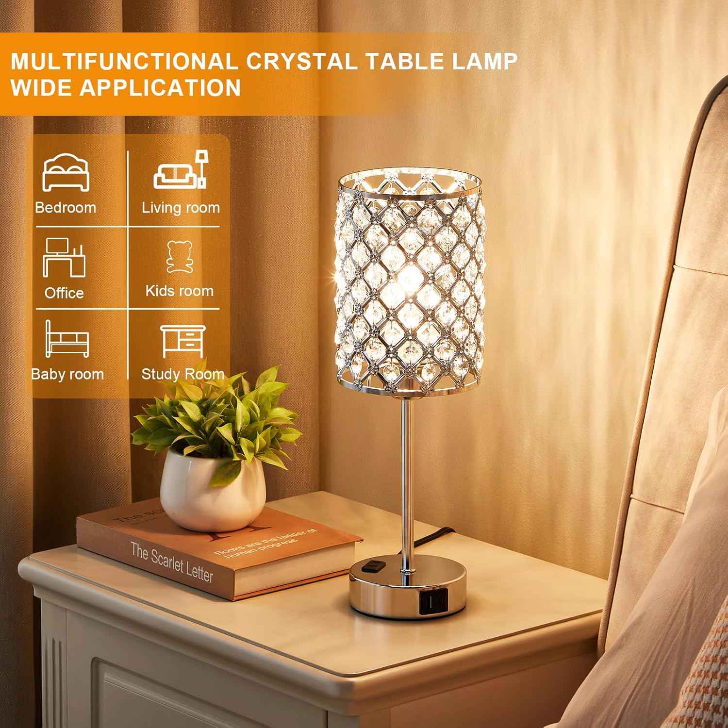 Dimmable Touch Control Crystal Table Lamp Set of 2 with USB-C & AC Ports - Elegant Nightstand Lighting for Bedroom & Living Room